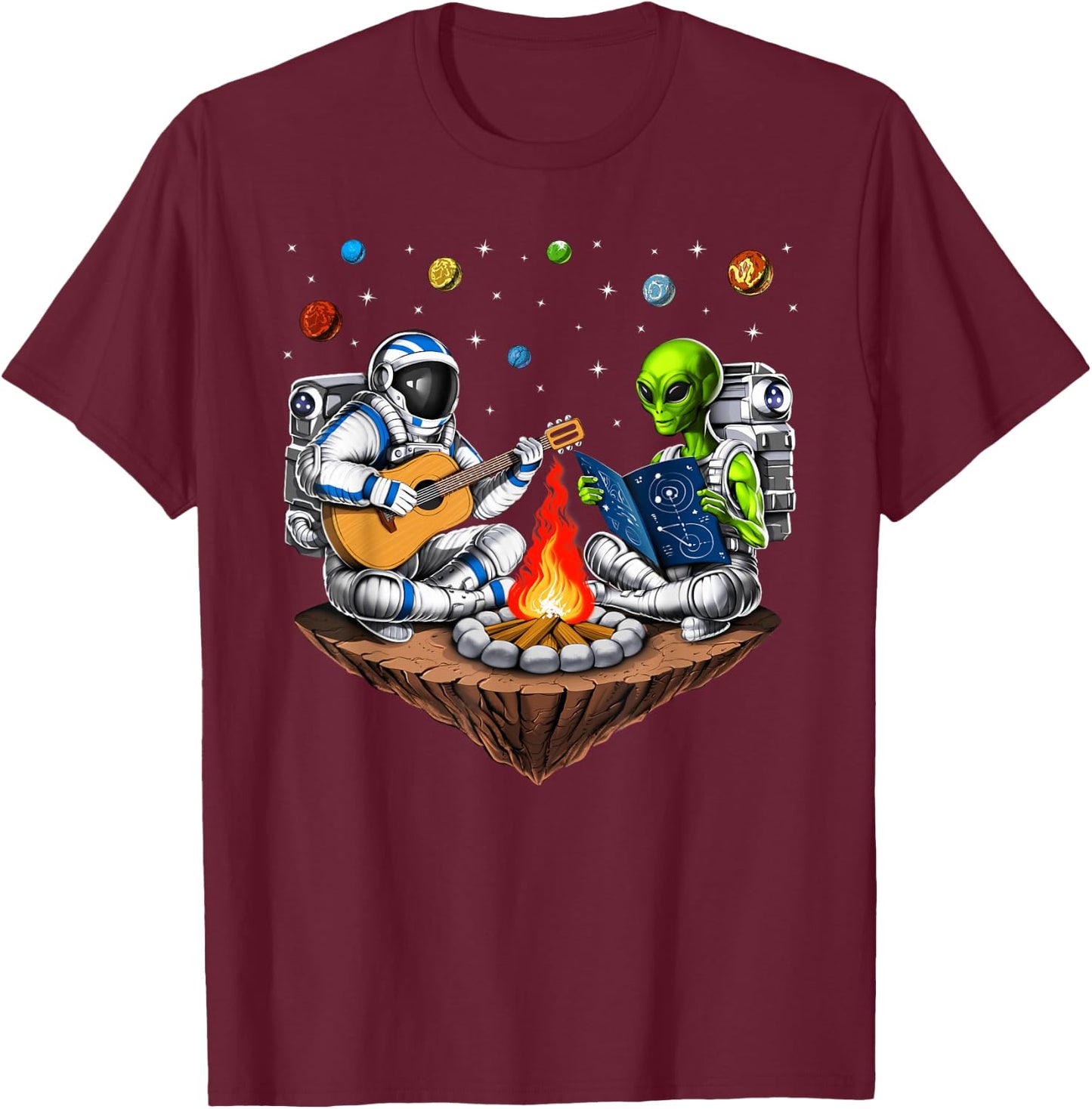 Space Alien Astronaut Camping Campfire Extraterrestrial T-Shirt - T-Shirt | Maroon