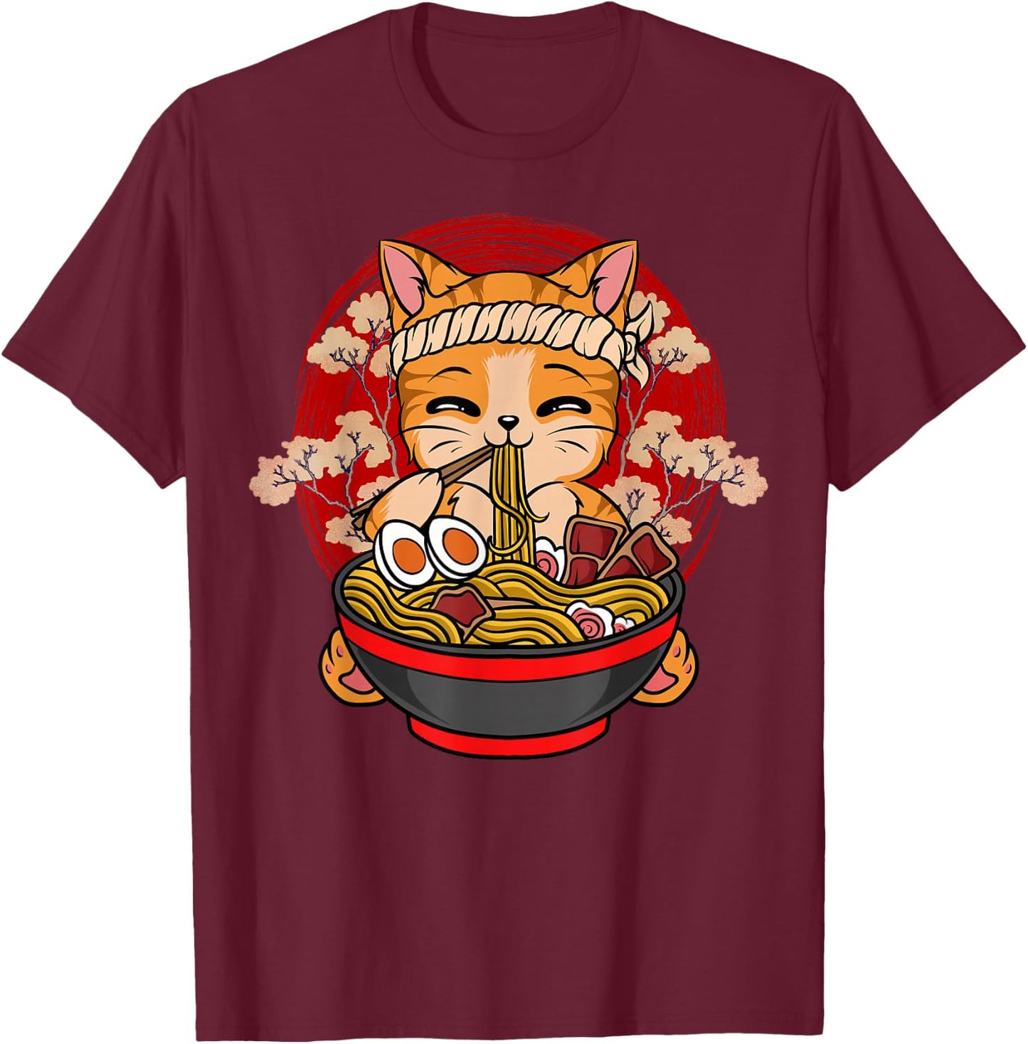 Kawaii Anime Cat Eating Ramen Japanese Noodles Funny Anime T-Shirt - T-Shirt | Maroon