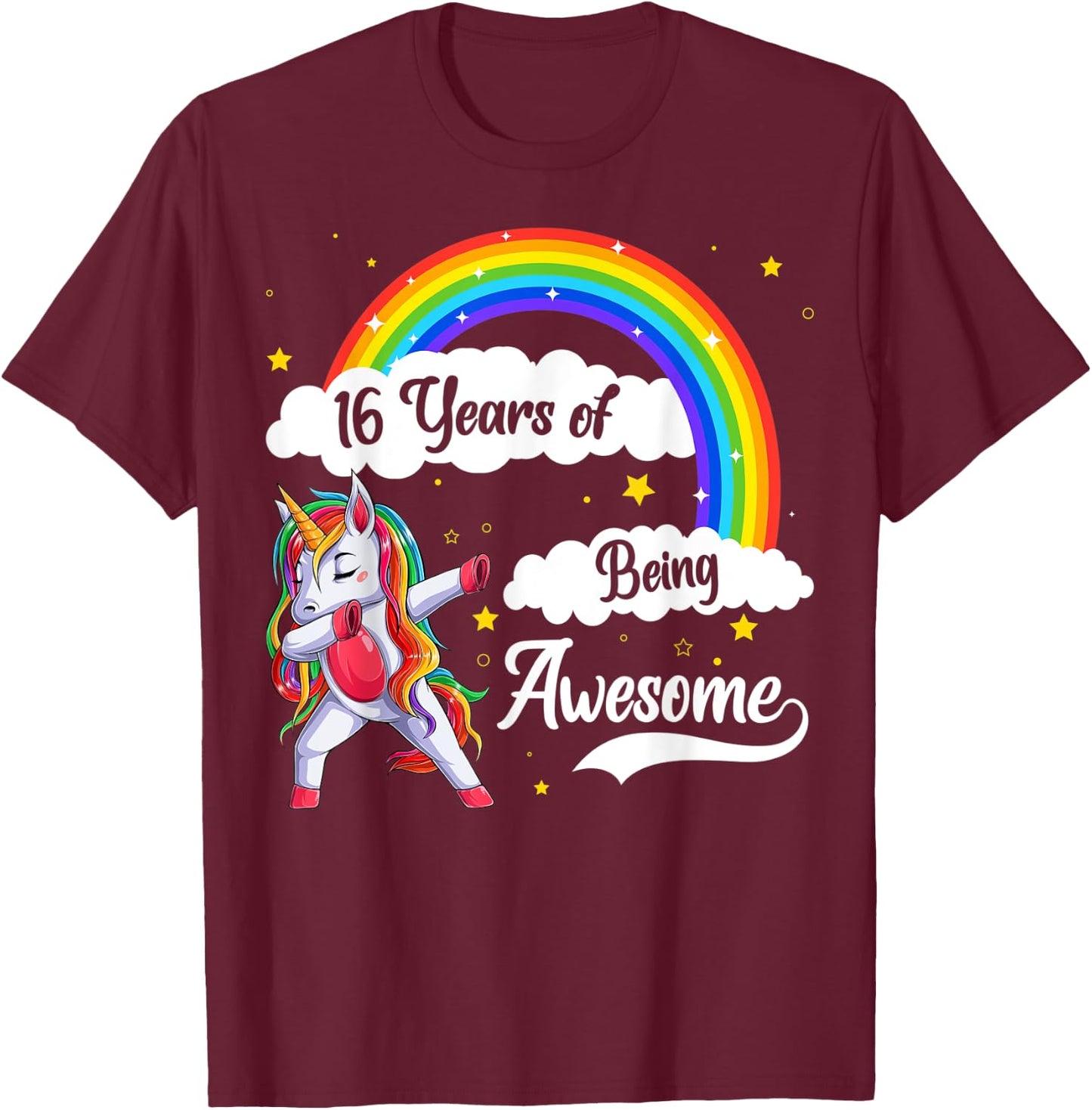 16 Years Of Being Awesome Dabbing Unicorn & Rainbow Birthday T-Shirt - T-Shirt | Maroon