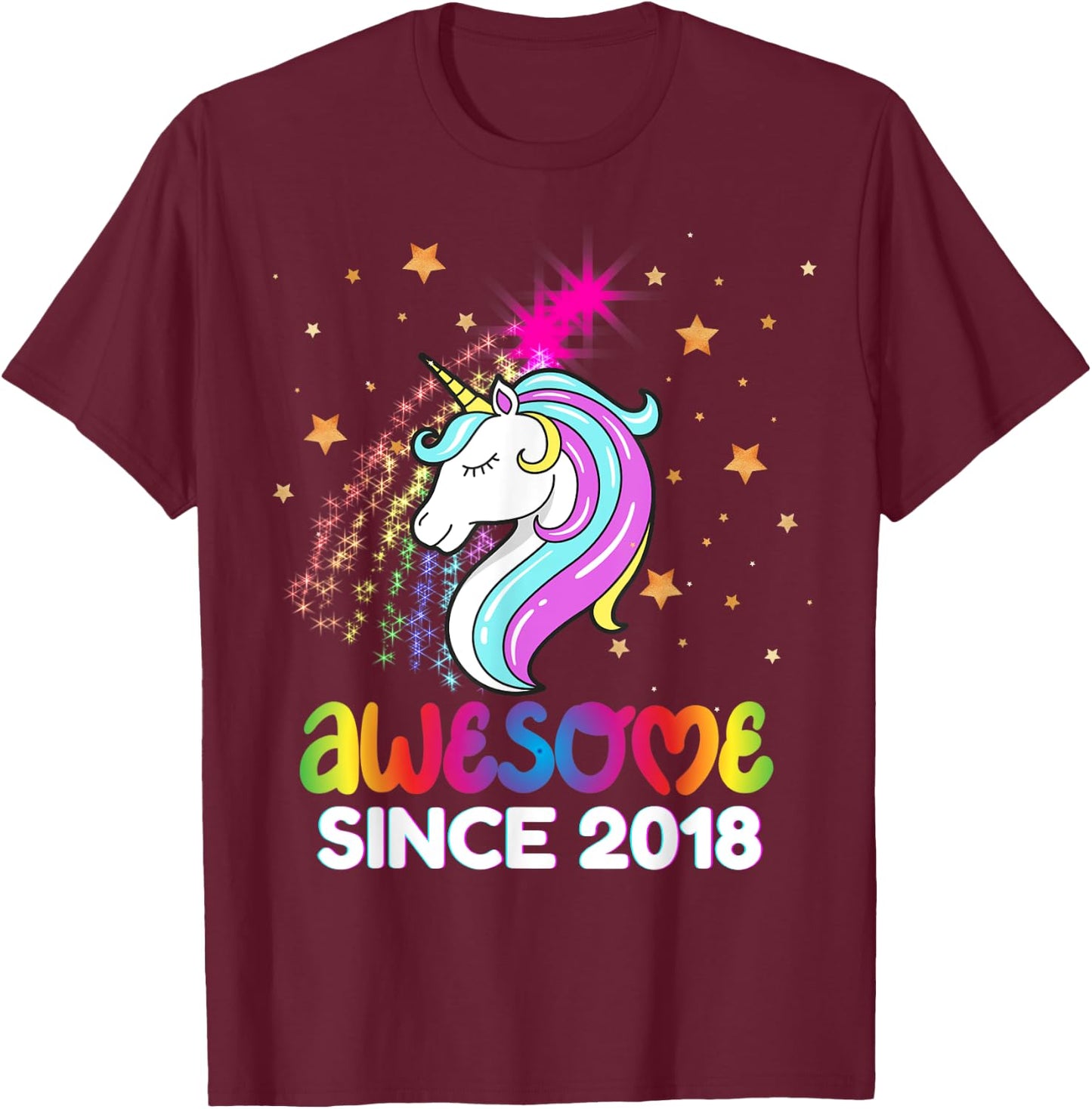 Fifth 6th Birthday Awesome Since 2018 Rainbows and Unicorn T-Shirt - T-Shirt | Maroon