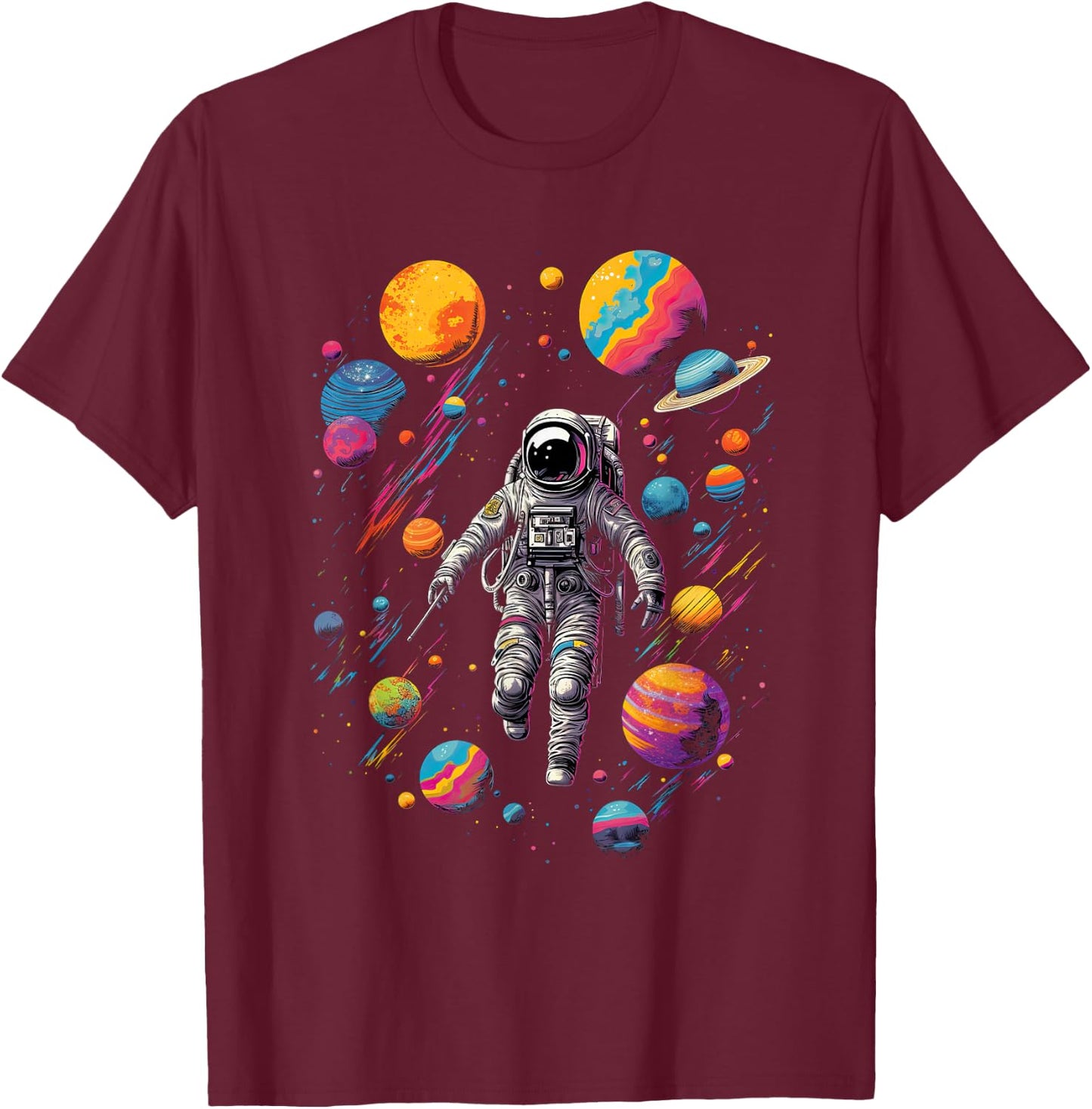 Astronaut in Space with Planets in Galaxies T-Shirt - T-Shirt | Maroon