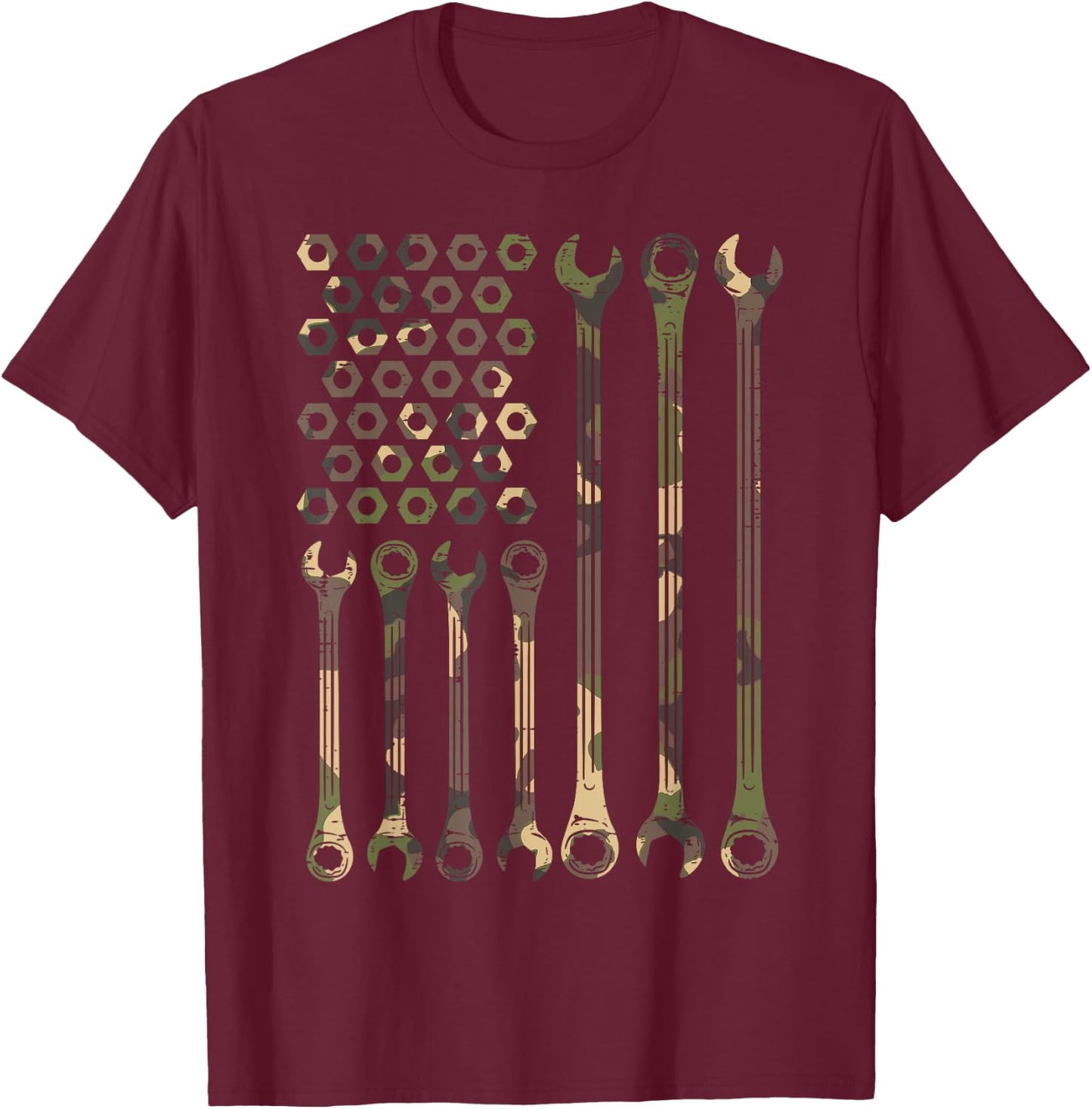 Camo Flag Wrench Vintage Fathers Day Patriotic Mechanic Men T-Shirt - T-Shirt | Maroon