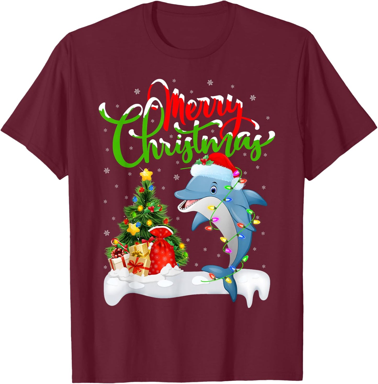 Funny Dolphin Fish Lover Xmas Lighting Dolphin Christmas T-Shirt - T-Shirt | Maroon