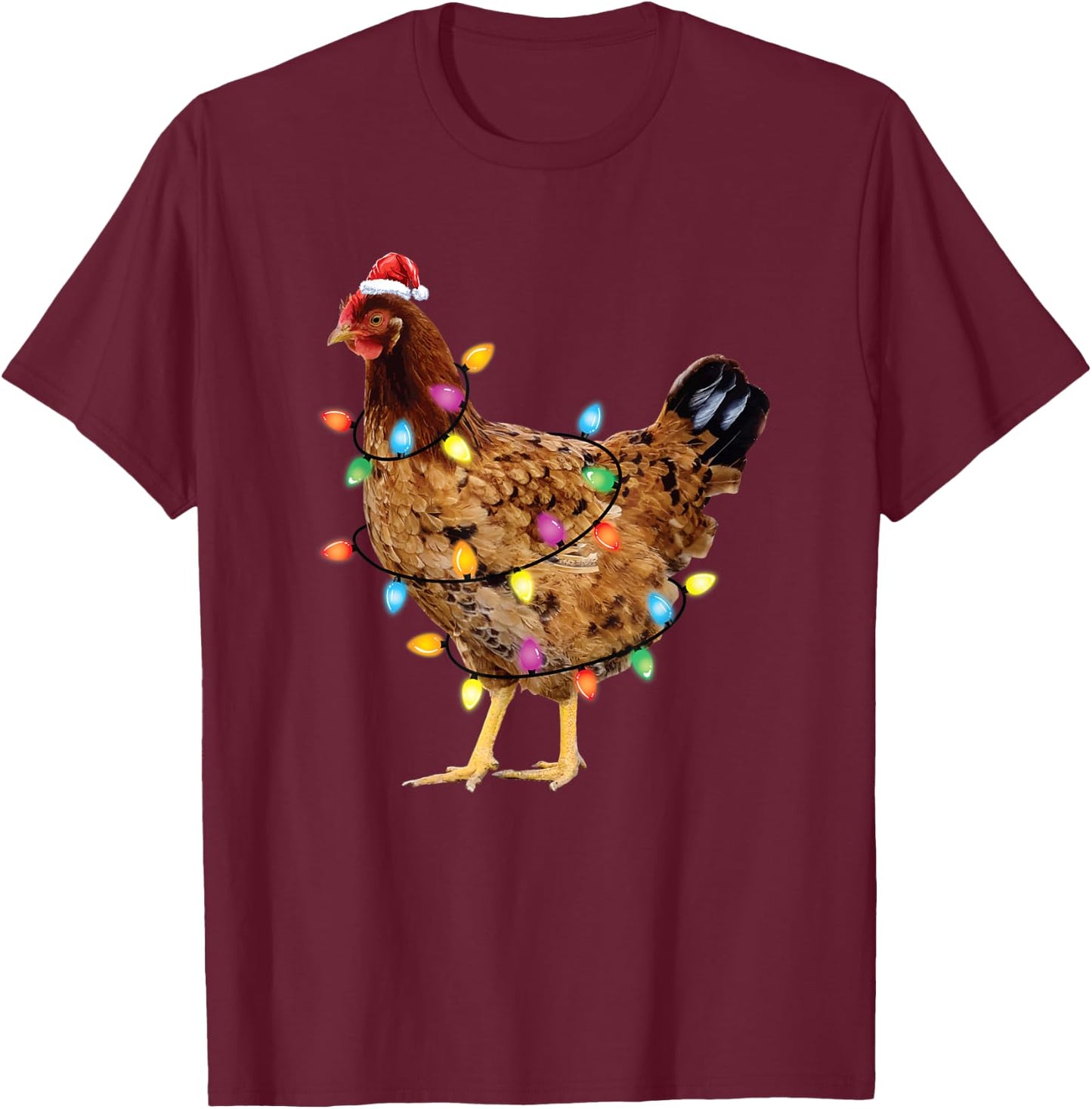 Christmas Santa Chicken Lights Funny Xmas Tree Chicken T-Shirt - T-Shirt | Maroon