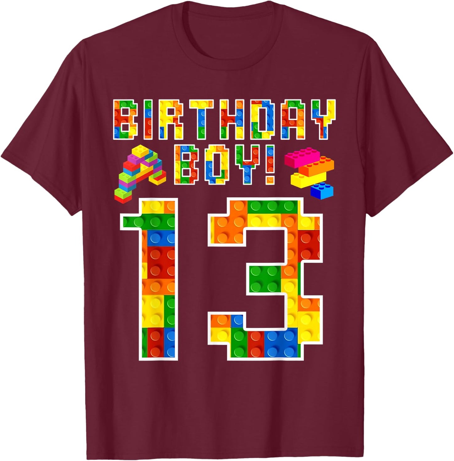 Perfect 13th Birthday 13 Years Old Block Building Boy Kids T-Shirt - T-Shirt | Maroon