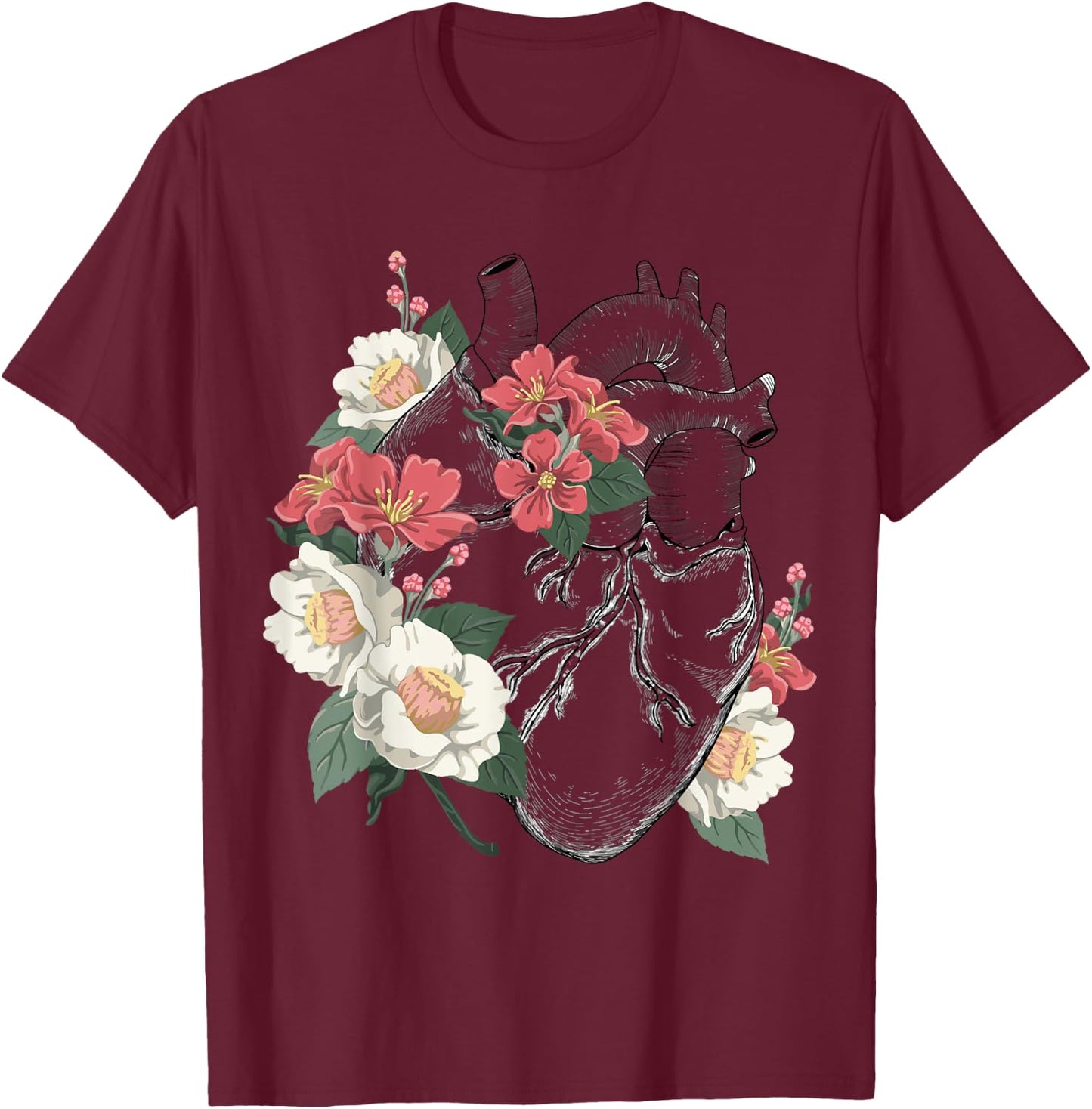Anatomical Heart and Flowers Anatomy Heart Cute Cardiologist T-Shirt - T-Shirt | Maroon