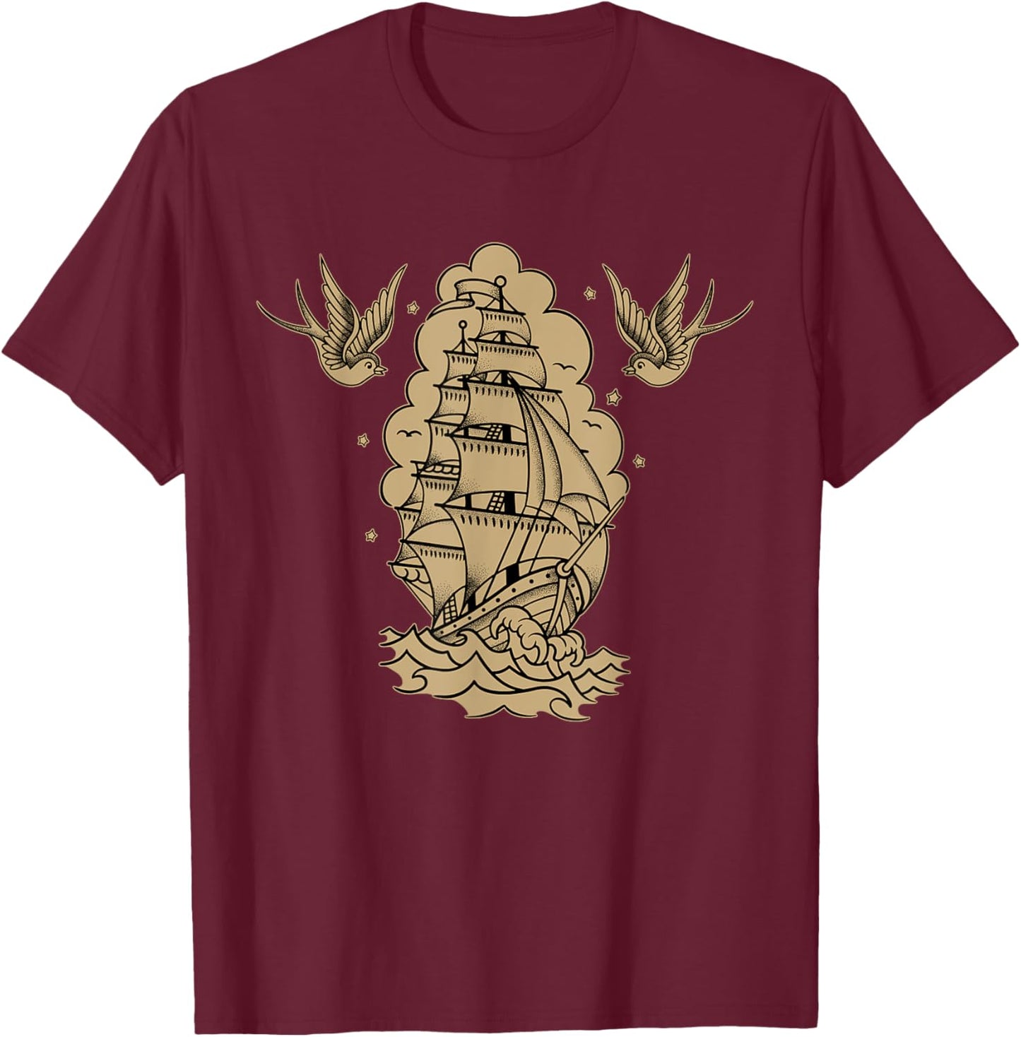 Old School Sailor Tattoo Clipper Ship and Swallows T-Shirt - T-Shirt | Maroon