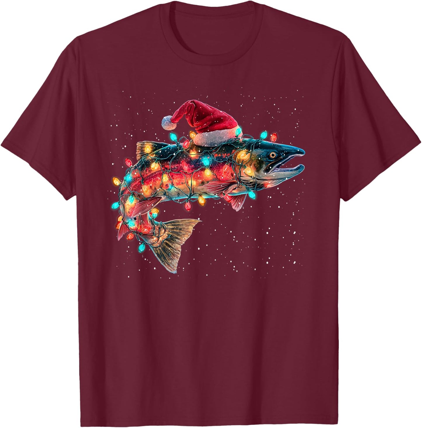 Christmas Trout Fish Funny Fishing Santa Hat Lights T-Shirt - T-Shirt | Maroon