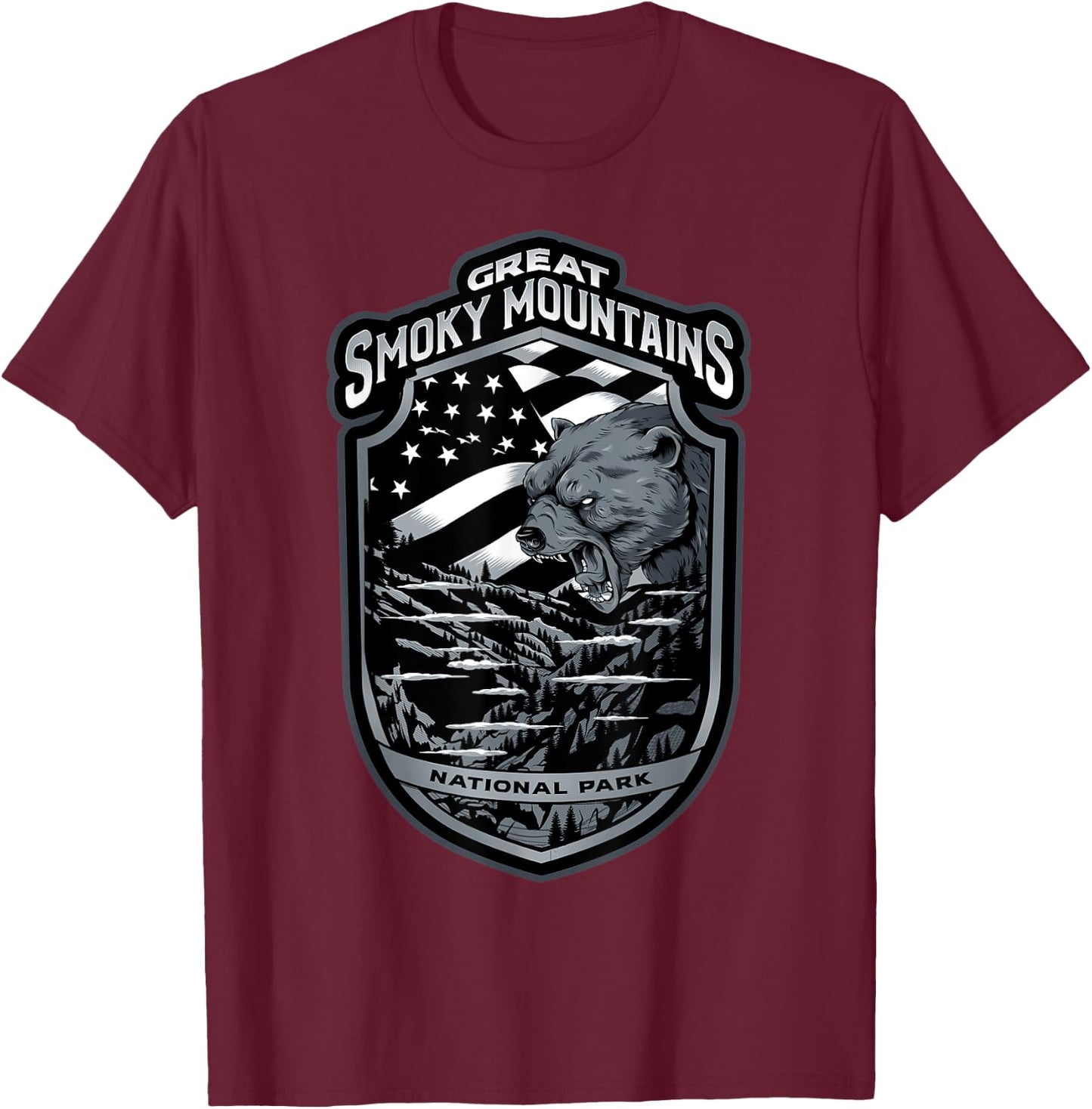 Great Smoky Mountains Vacation Souvenirs Gifts Bear USA Flag T-Shirt - T-Shirt | Maroon