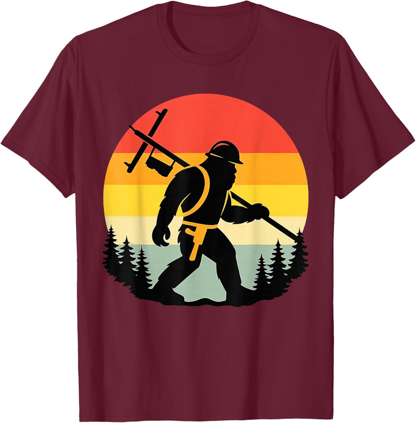 Retro Bigfoot Lineman Power Worker Sasquatch Electric Humor T-Shirt - T-Shirt | Maroon