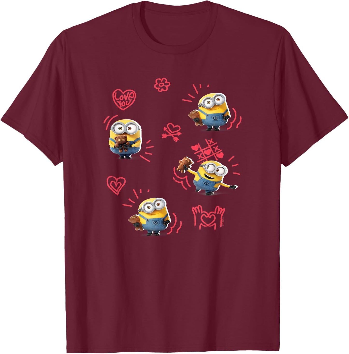 Minions Valentine's Day Bob and Teddy Bear Jumble T-Shirt - T-Shirt | Maroon