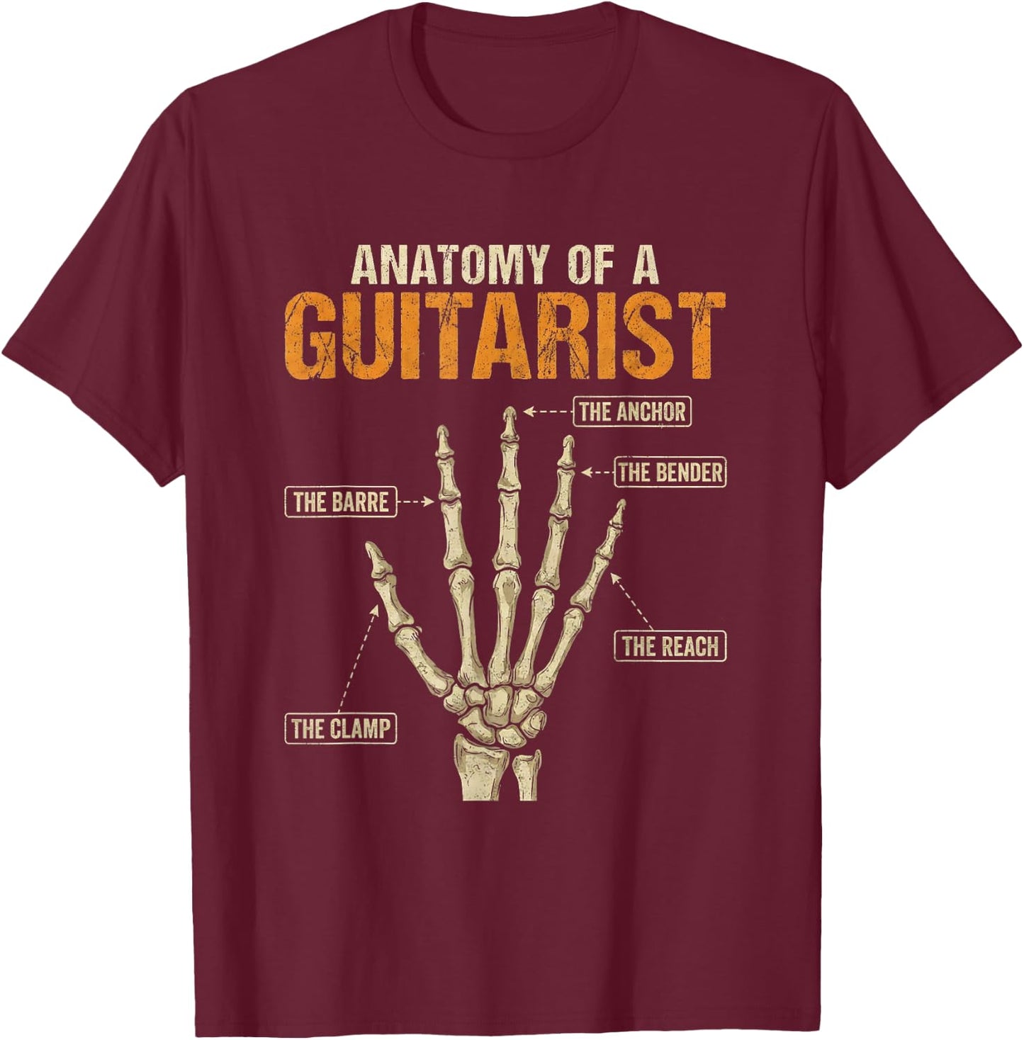 Anatomy of a Guitarist Fingers Hand Vintage Guitar Player T-Shirt - T-Shirt | Maroon