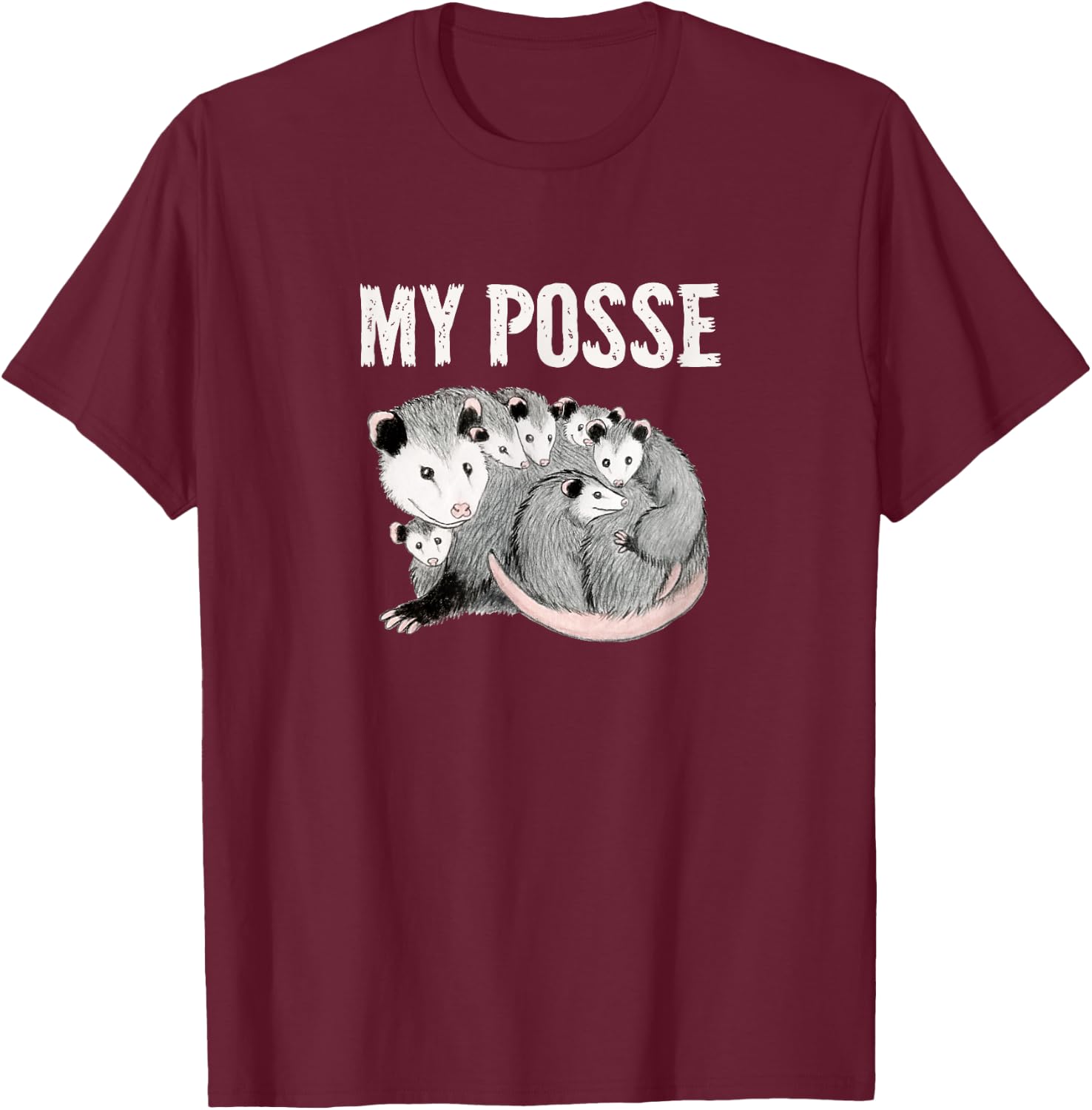 My Posse Funny Mom Opossum with Baby Possums T-Shirt - T-Shirt | Maroon