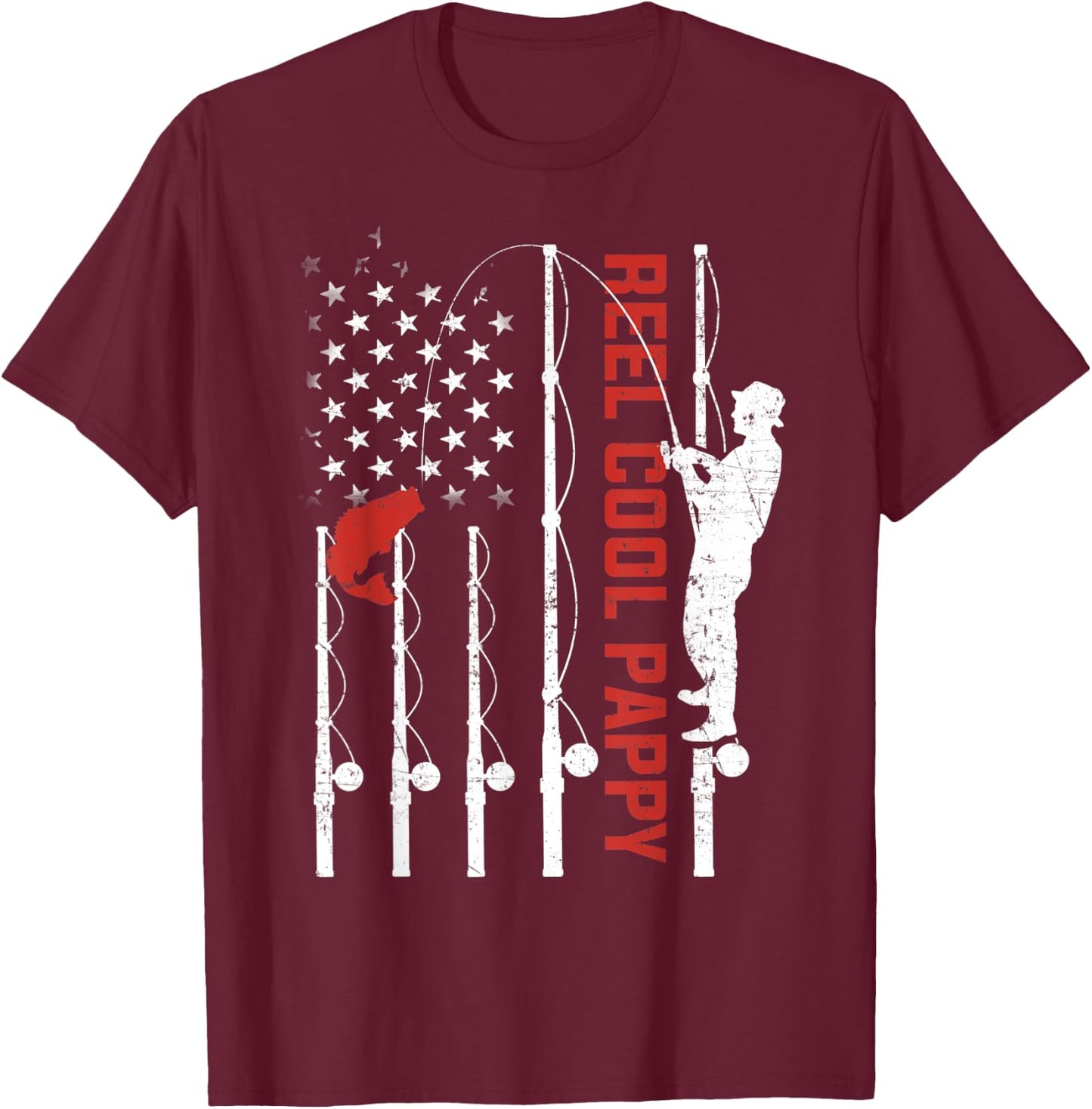 Reel Cool Pappy American Flag Fish Fishing Fathers Day Men T-Shirt - T-Shirt | Maroon