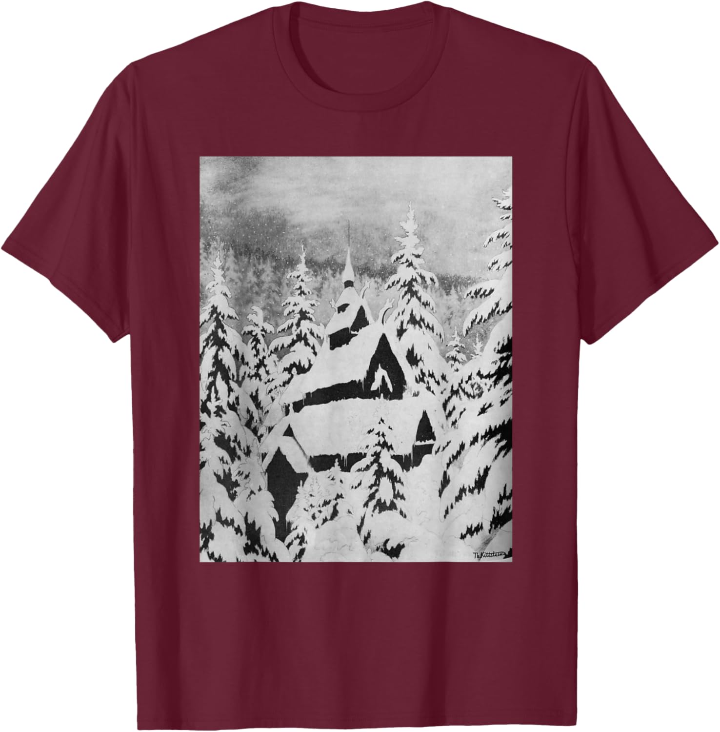 Stave Church in the Snow Theodor Kittelsen Romanticism Art T-Shirt - T-Shirt | Maroon
