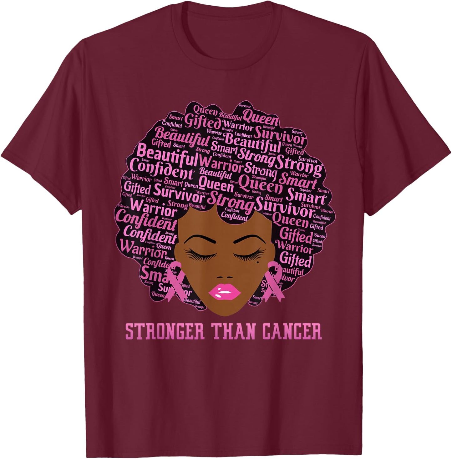 Black Women Queen Stronger Than Breast Cancer Pink Ribbon T-Shirt - T-Shirt | Maroon