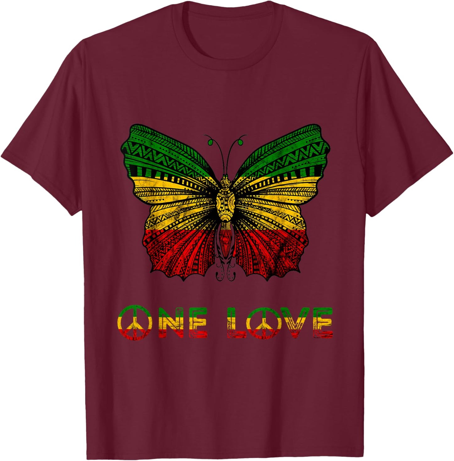 One Pride Love Rasta Butterfly Reggae Hippie Rastafari Roots T-Shirt - T-Shirt | Maroon