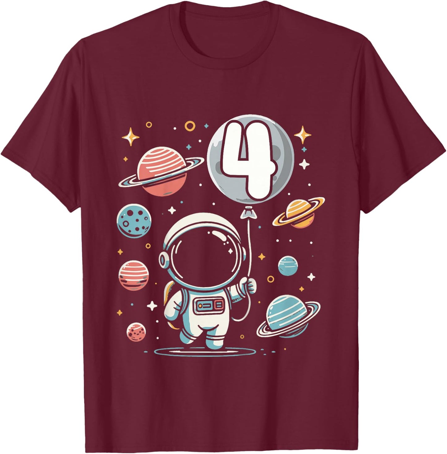 4th Birthday Astronaut Space Planet 4 Years Old T-Shirt - T-Shirt | Maroon