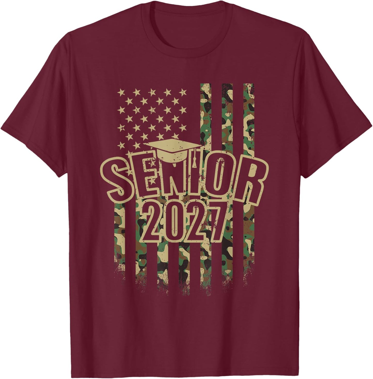 Camo Senior 2027 American Flag Camouflage Graduation Grad T-Shirt - T-Shirt | Maroon