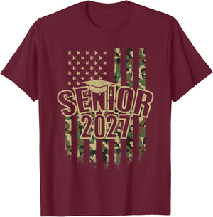 Camo Senior 2027 American Flag Camouflage Graduation Grad T-Shirt - T-Shirt | Maroon