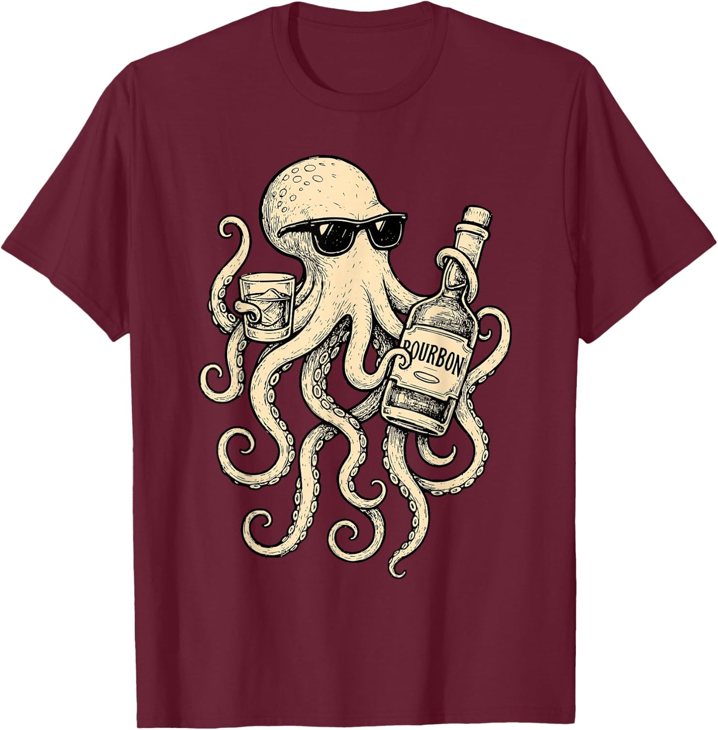 Vintage Octopus Drinking Bourbon Whiskey Bartending Drinker T-Shirt - T-Shirt | Maroon