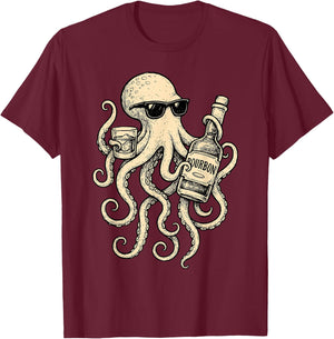 Vintage Octopus Drinking Bourbon Whiskey Bartending Drinker T-Shirt - T-Shirt | Maroon
