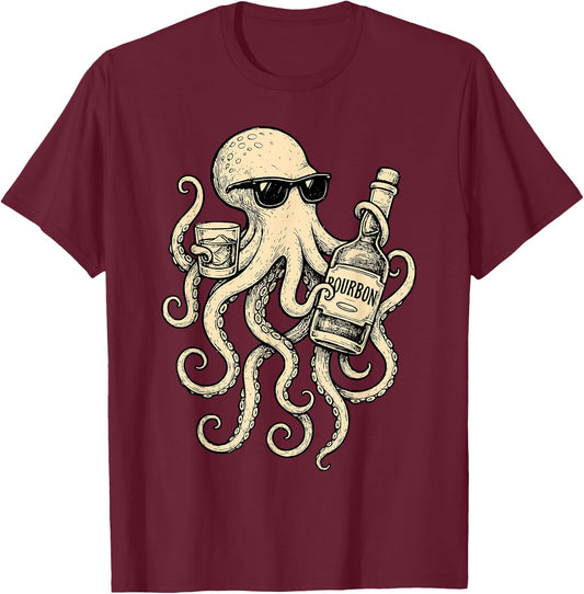 Vintage Octopus Drinking Bourbon Whiskey Bartending Drinker T-Shirt - T-Shirt | Maroon