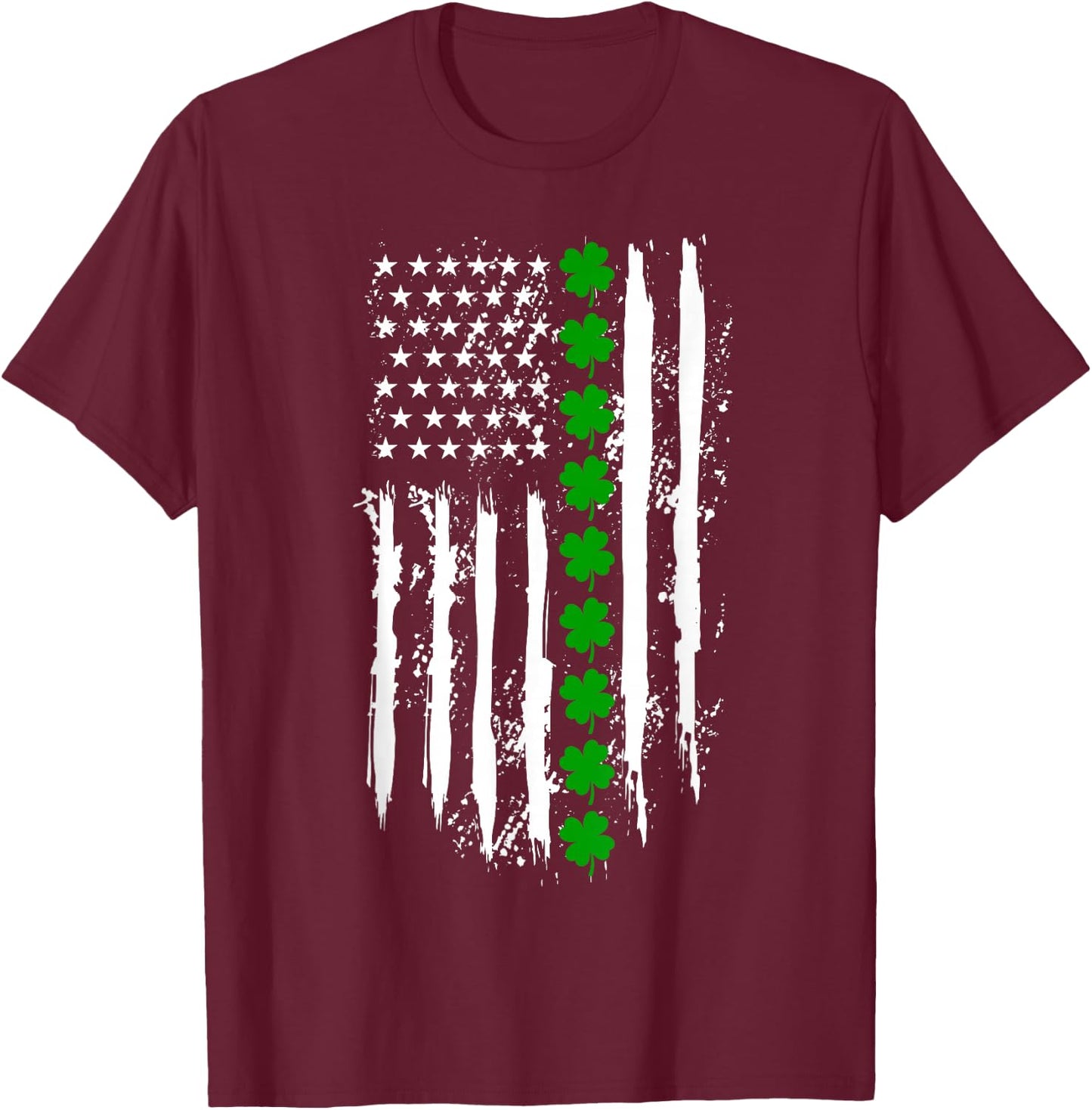 St Patricks Day Green Clover US American Flag Patriotic Love T-Shirt - T-Shirt | Maroon