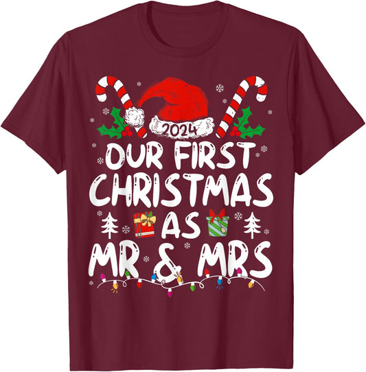 Our First Christmas As Mr & Mrs 2024 Just Married Couples T-Shirt - T-Shirt | Maroon