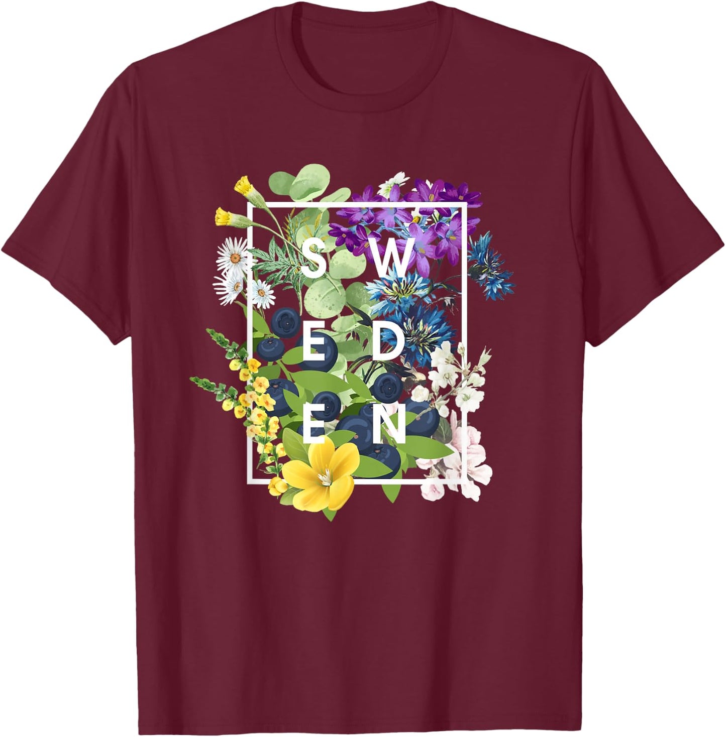 Flowers of Sweden Word Art - Swedish Pride T-Shirt - T-Shirt | Maroon