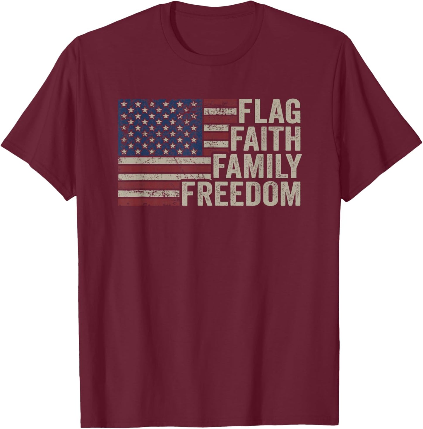 Flag Faith Family Freedom - Vintage Christian USA Flag T-Shirt - T-Shirt | Maroon