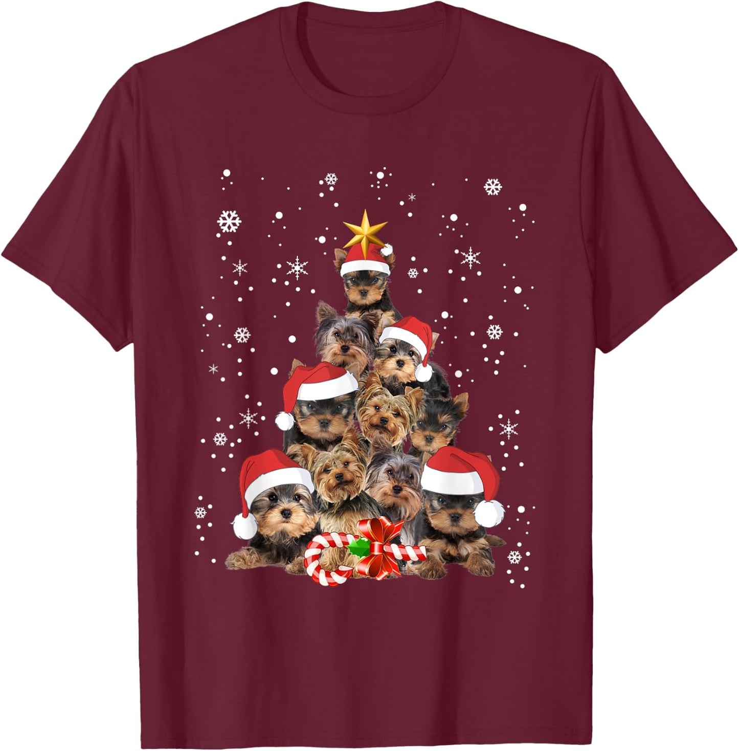 Yorkie Dogs Tree Christmas Sweater Xmas Pet Animal Dog Lover T-Shirt - T-Shirt | Maroon
