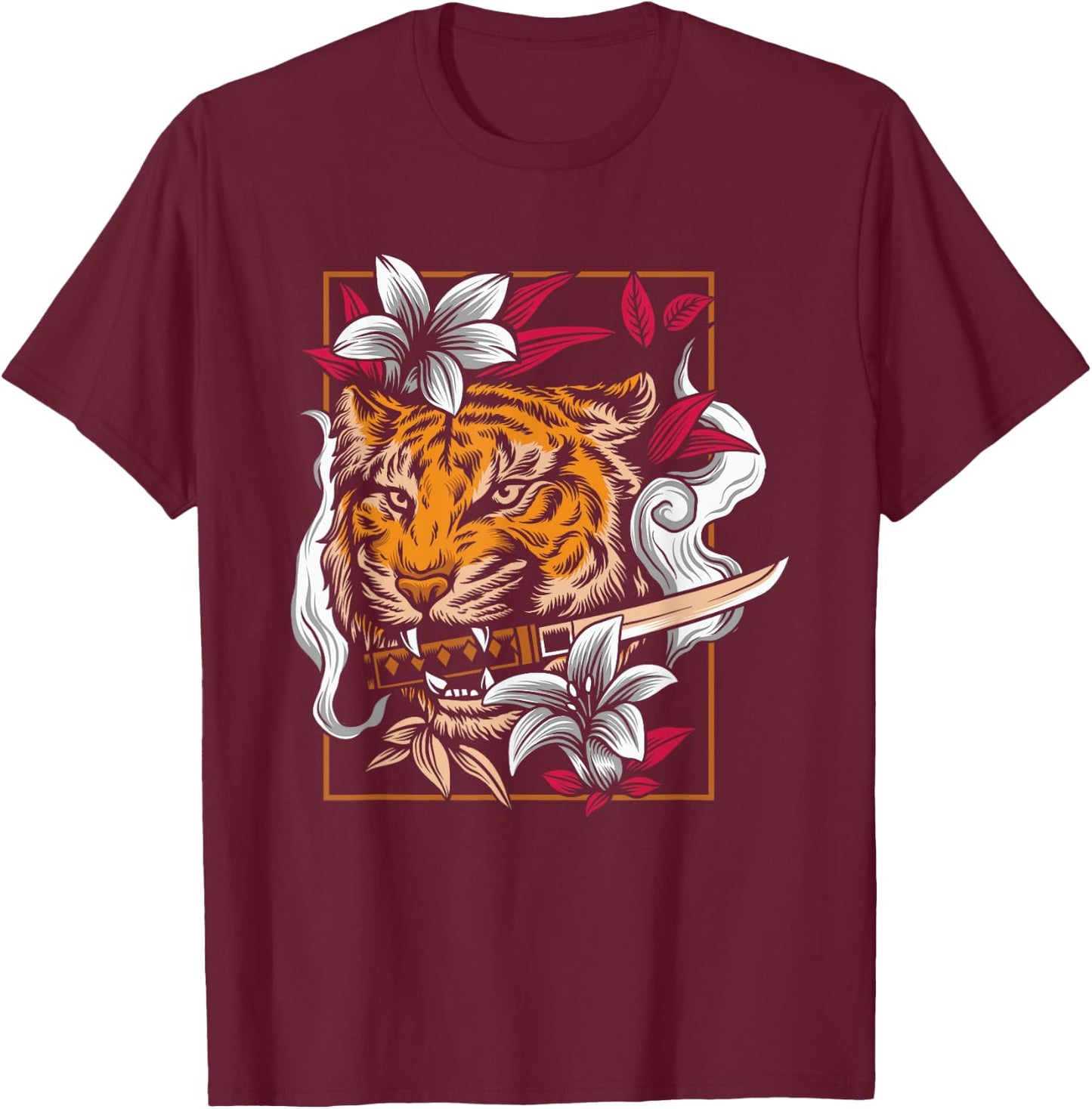 Dancing Tiger Japanese Asian Art Inspired Cartoon Graphic T-Shirt - T-Shirt | Maroon