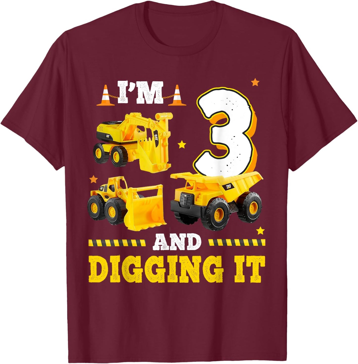 3rd Birthday Construction I'm 3yr And Digging It 3 Years Old T-Shirt - T-Shirt | Maroon