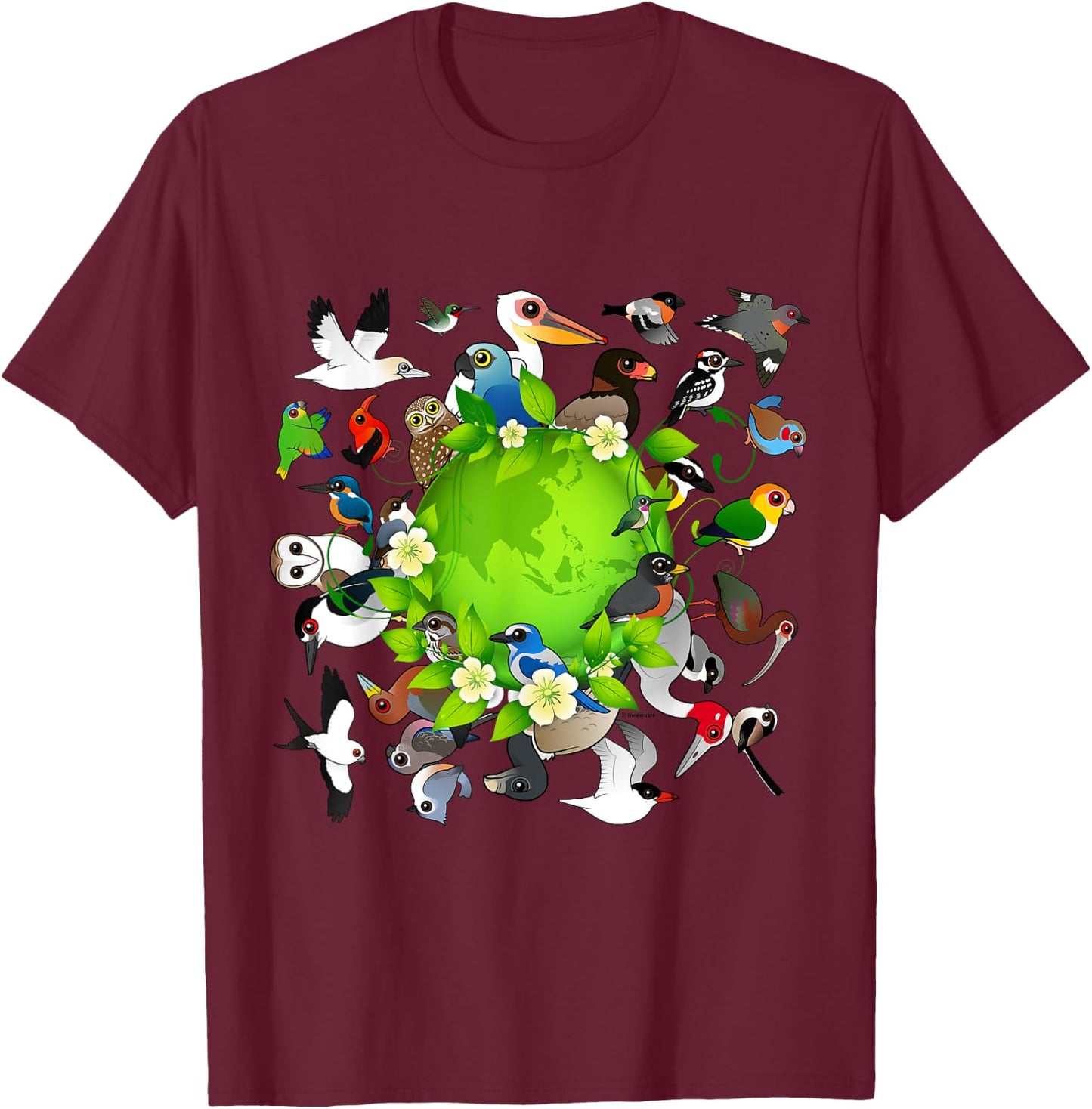 Flock of Cartoon Birds Around Earth | Earth Day Birdorable T-Shirt - T-Shirt | Maroon