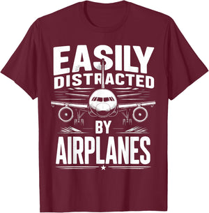 Easily Distracted by Airplanes Aviation Plane T-Shirt - T-Shirt | Maroon