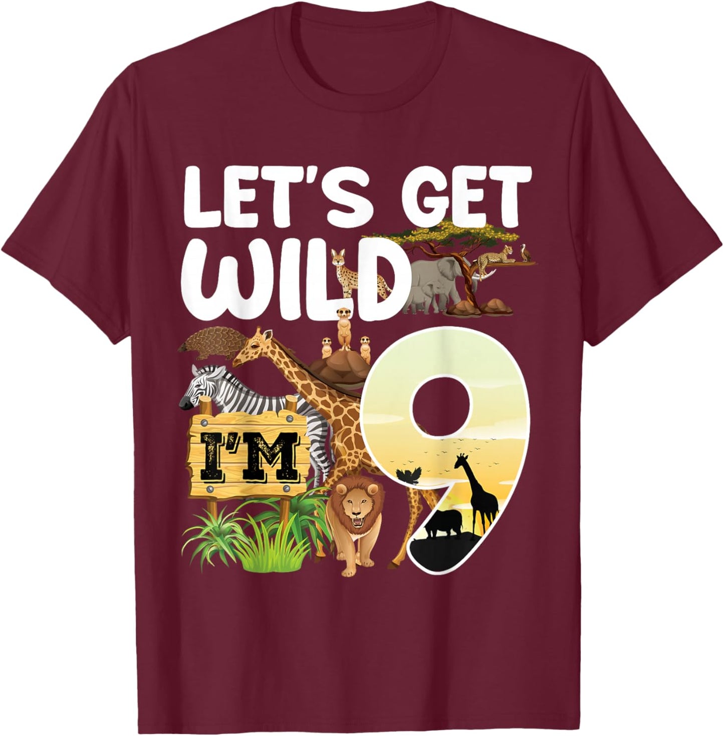 9 Year Old Zoo Birthday Safari Jungle Animal 9th B-day T-Shirt - T-Shirt | Maroon