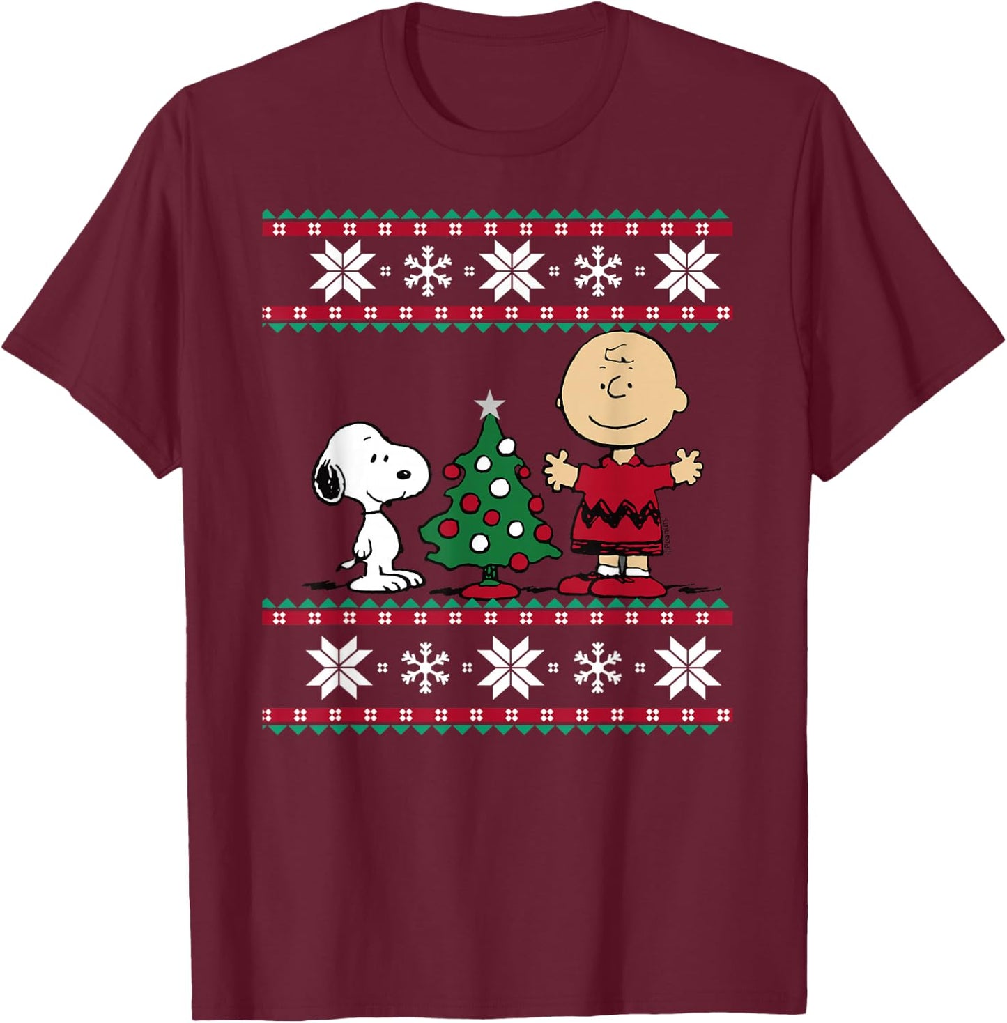 Peanuts Snoopy and Charlie Christmas tree Short Sleeve Blue T-Shirt - T-Shirt | Maroon