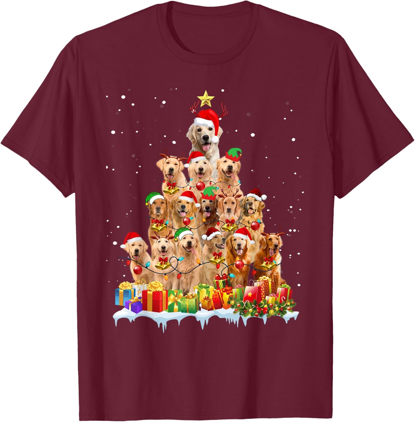 Golden Retriever Christmas Tree Matching Pajamas Dog Lovers T-Shirt - T-Shirt | Maroon