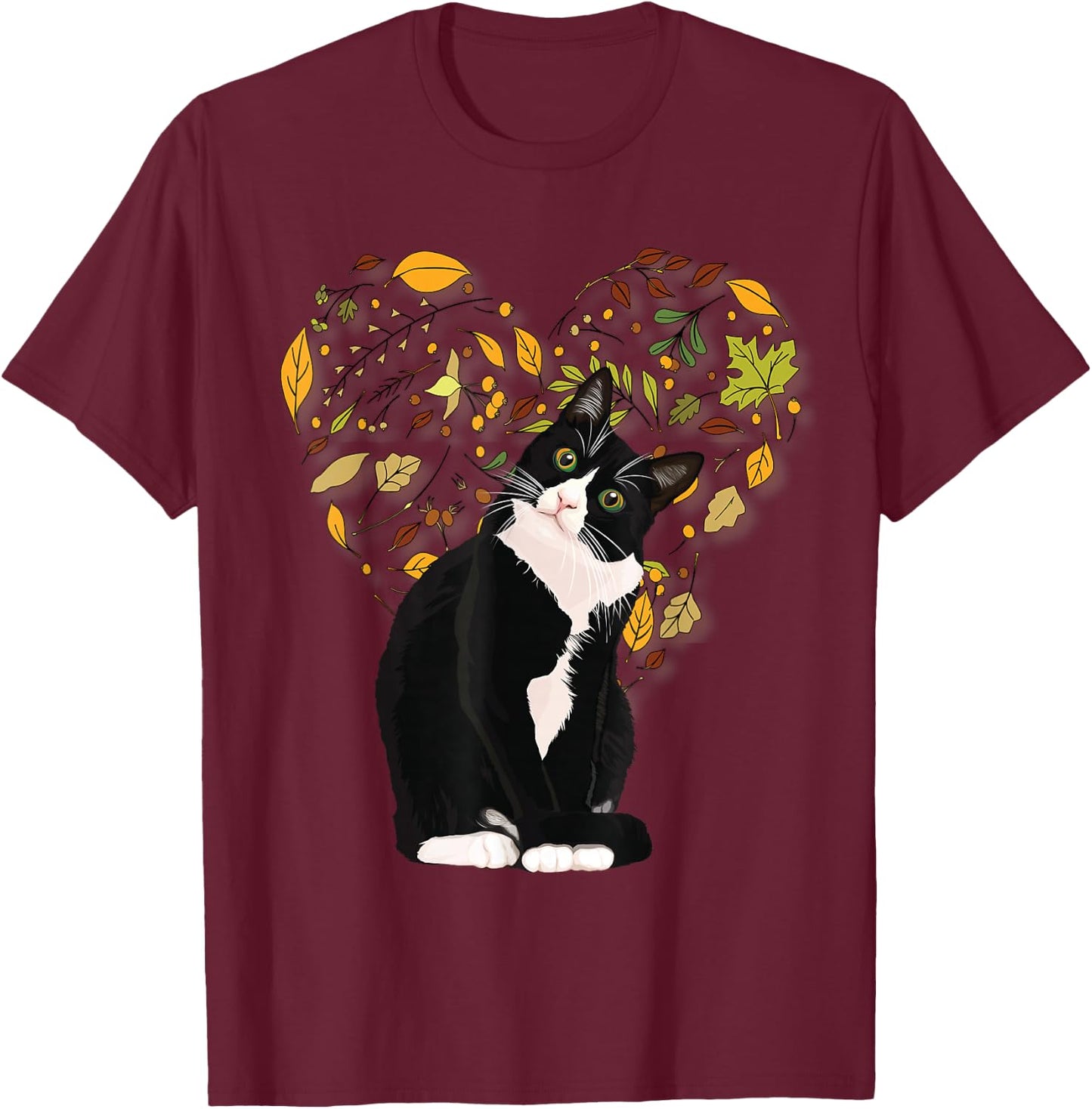 Tuxedo Cat t Shirt Gift Autumn Fall Leaves Black and White T-Shirt - T-Shirt | Maroon