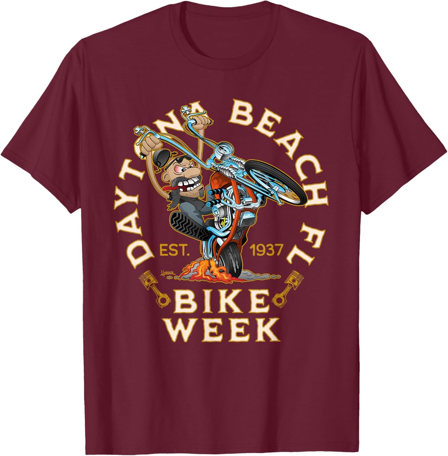 Daytona Beach Florida Bike Week Funny Motorcycle Cartoon T-Shirt - T-Shirt | Maroon