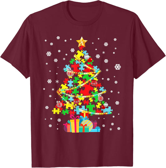 Autism Tree Christmas Pajama Autism Awareness Holiday T-Shirt - T-Shirt | Maroon
