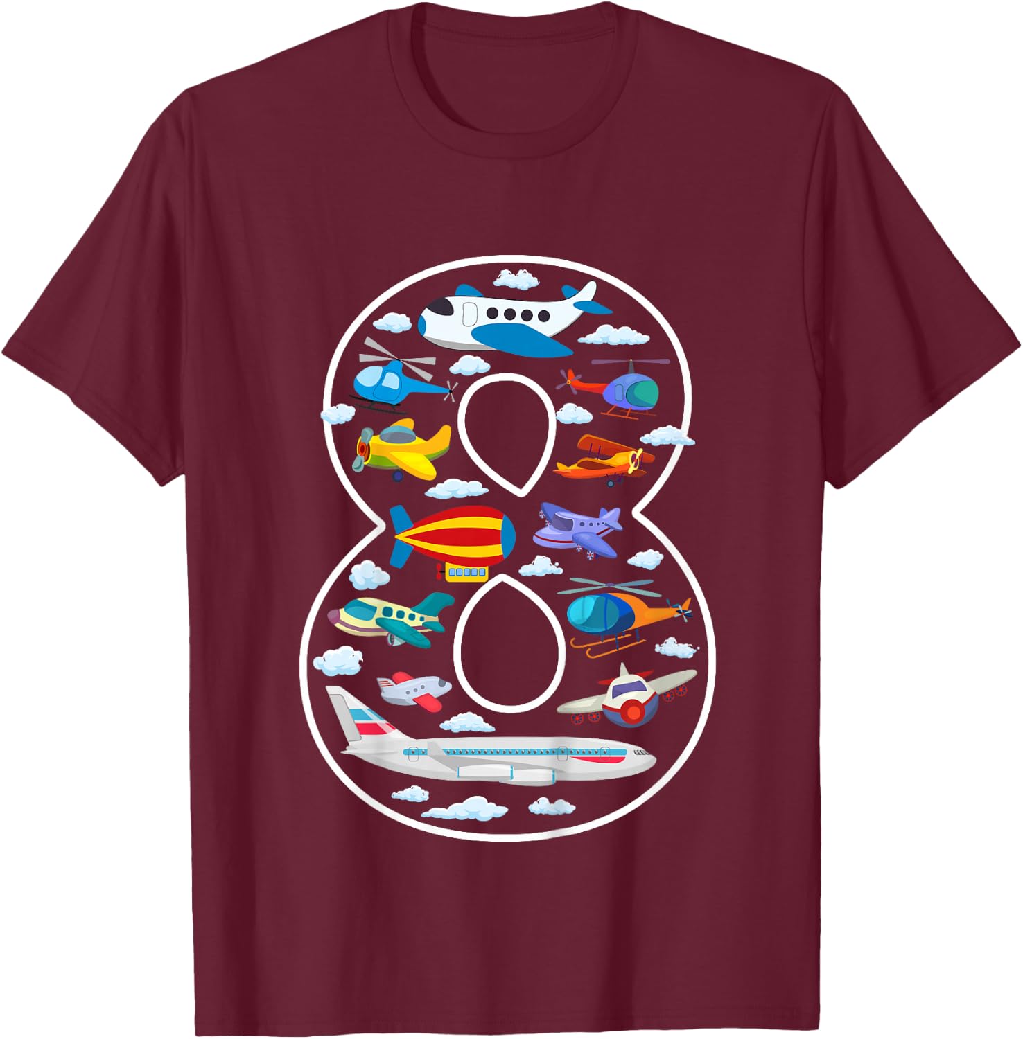 Kids Its My 8th Birthday Boys 8 Airplanes Helicopters 8 Years Old T-Shirt - T-Shirt | Maroon