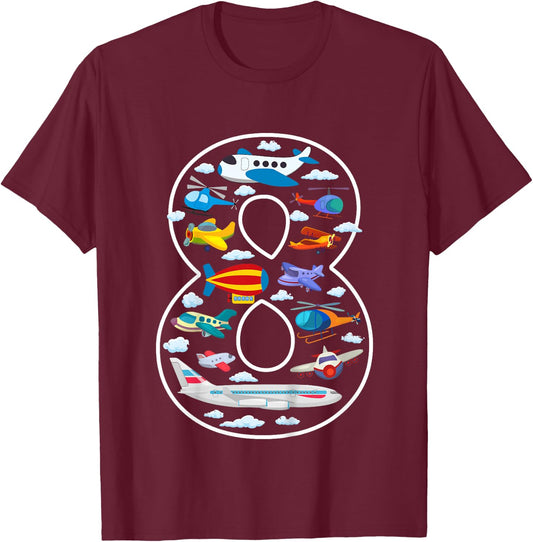 Kids Its My 8th Birthday Boys 8 Airplanes Helicopters 8 Years Old T-Shirt - T-Shirt | Maroon