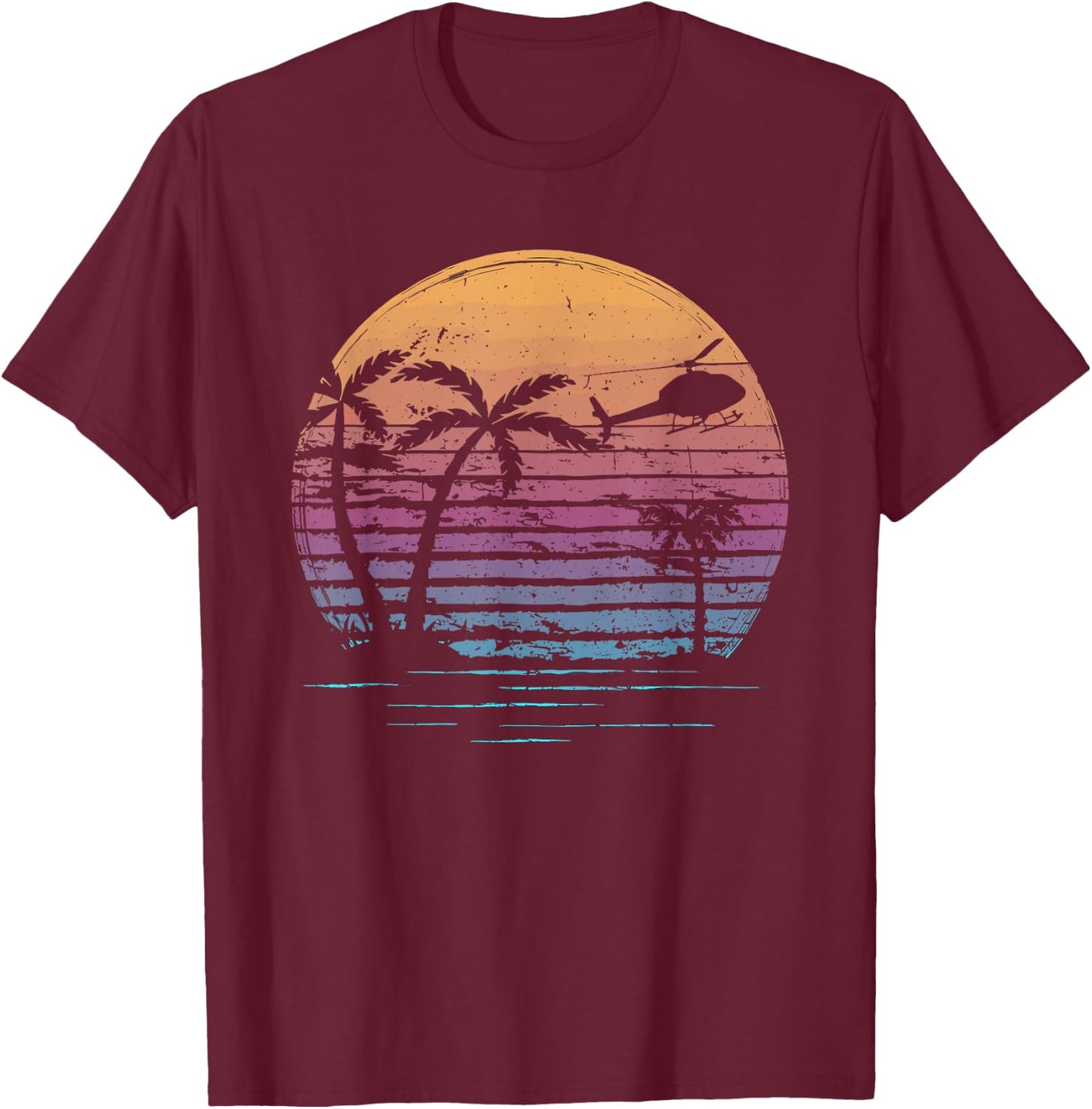 Aviator Helicopter Pilot Vintage Retro Palm Tree Sunset T-Shirt - T-Shirt | Maroon