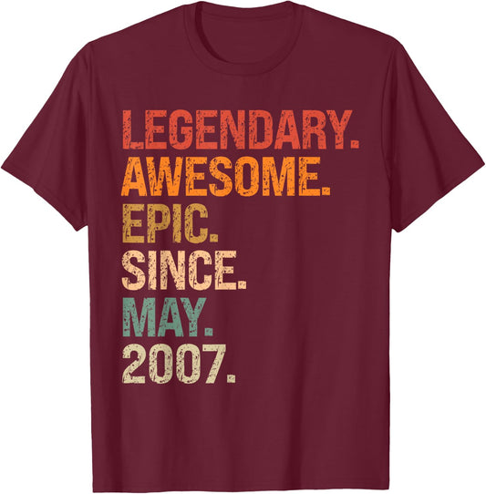 Legendary Awesome Epic Since May 2007 16th Birthday Gifts T-Shirt - T-Shirt | Maroon