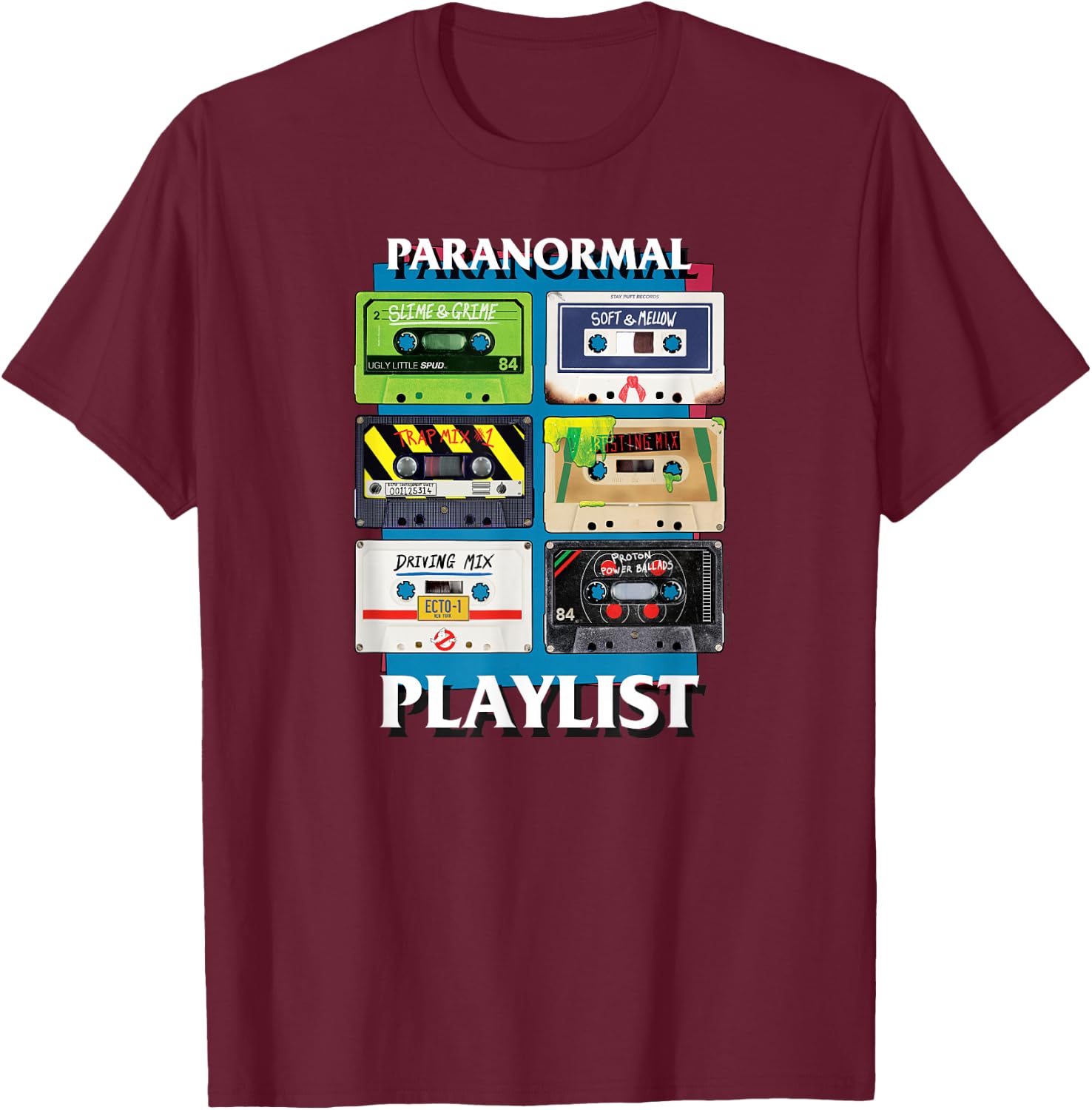 Ghostbusters Paranormal Playlist Cassettes Retro Movie T-Shirt - T-Shirt | Maroon