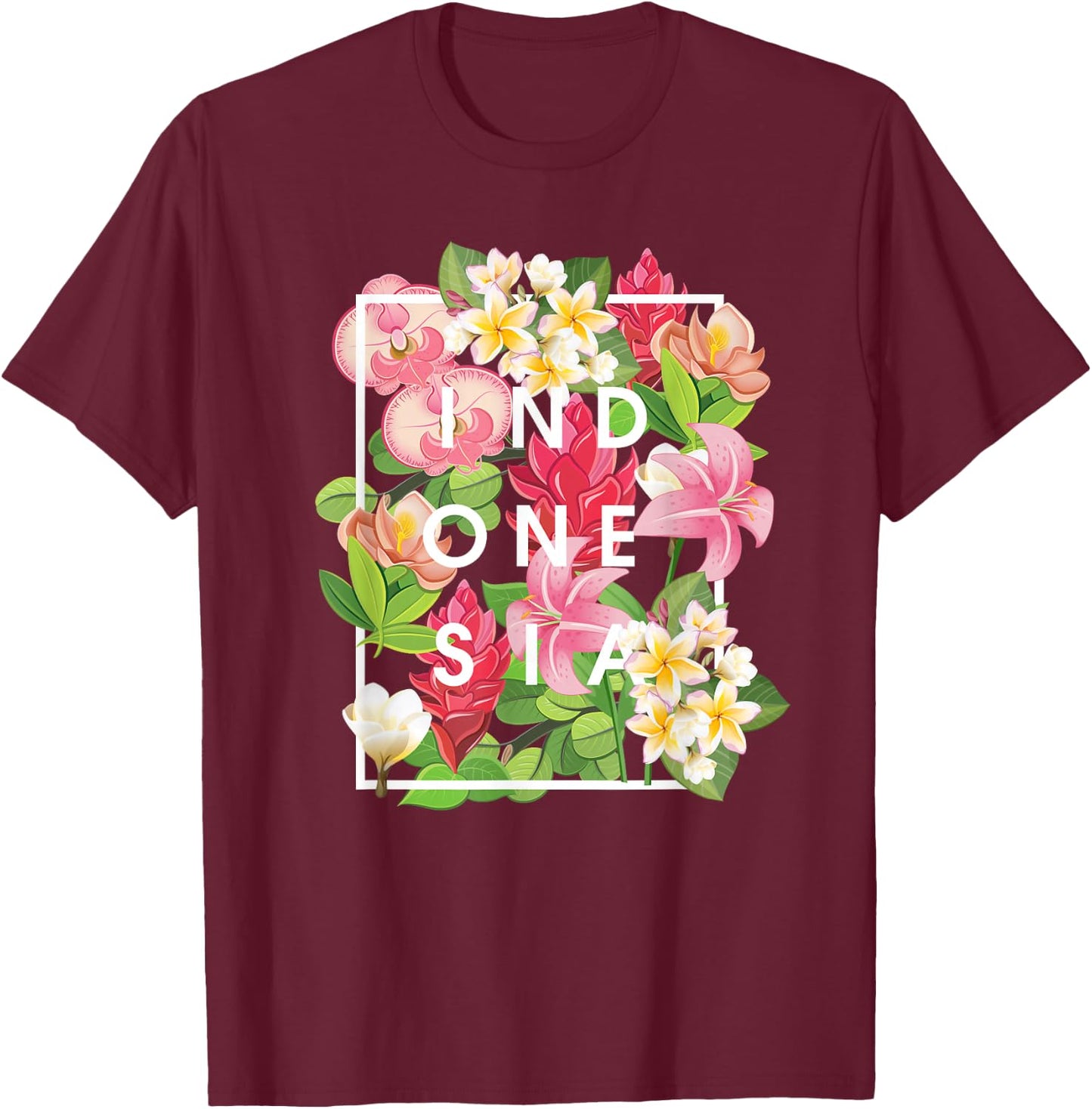 Flowers of Indonesia Word Art - Indonesian Pride T-Shirt - T-Shirt | Maroon