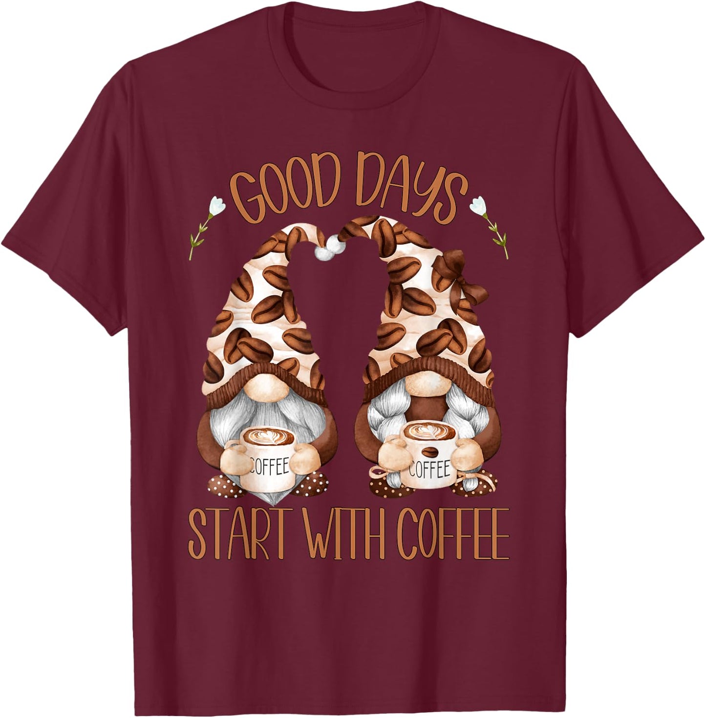 Cute Coffee Gnomes Who Loves Coffee & Gnomies T-Shirt - T-Shirt | Maroon