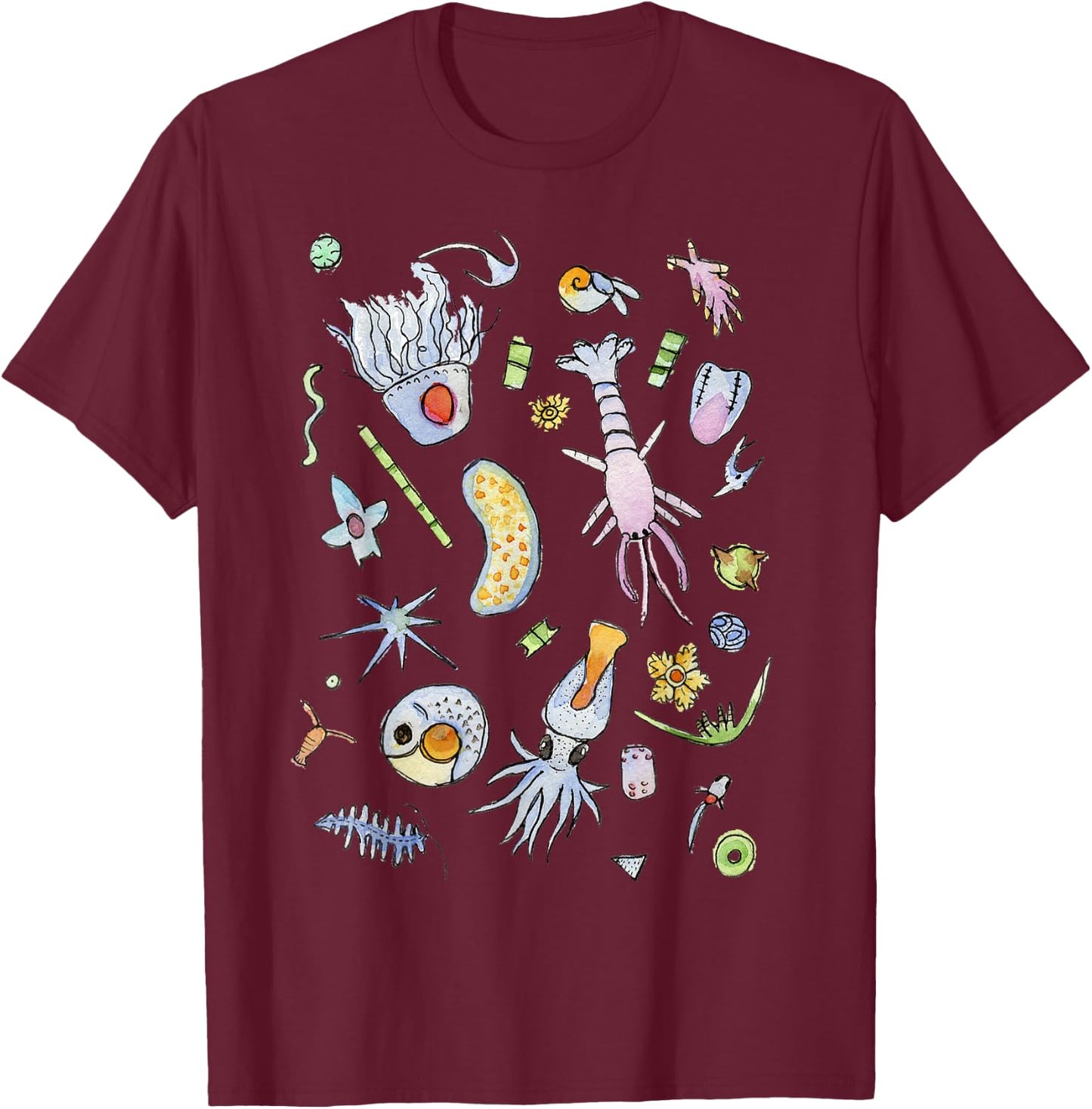 Pastel Ocean Plankton Microbes in Watercolor T-Shirt - T-Shirt | Maroon
